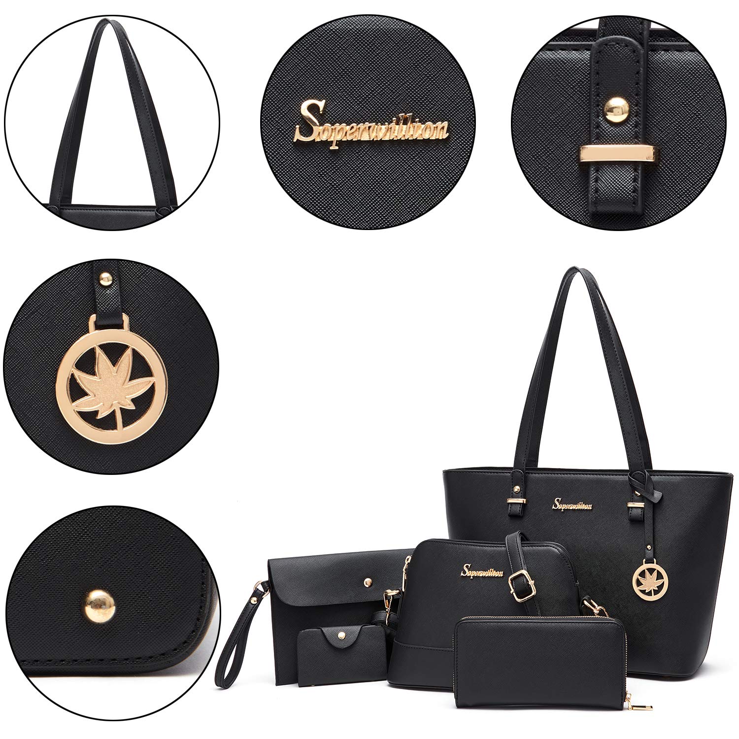 Soperwillton Women's 5-Piece Handbag Set - Tote, Shoulder Bag, Satchel, Wallet & Top Handle Purse for Work, Travel & Everyday Use
