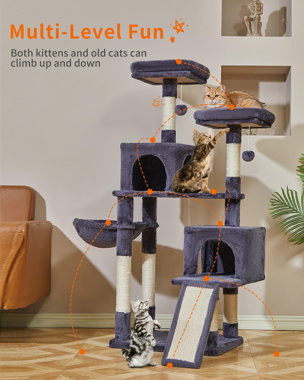 56.3-Inch Cat Tree with Scratching Posts, Hammocks & Toys - Multi-Level Cat Tower for Indoor Cats, Large Condo & Scratch Board - Perfect for Play, Rest & Climbing (Smoky Gray)