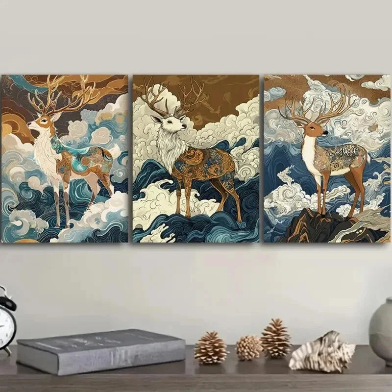 3-Piece Majestic Deer with Dual Antlers Wall Art Set - 50x70cm Framed Canvas Prints | High-Quality Australian Made | Ready to Hang | Perfect for Living Room, Bedroom & Office Decor