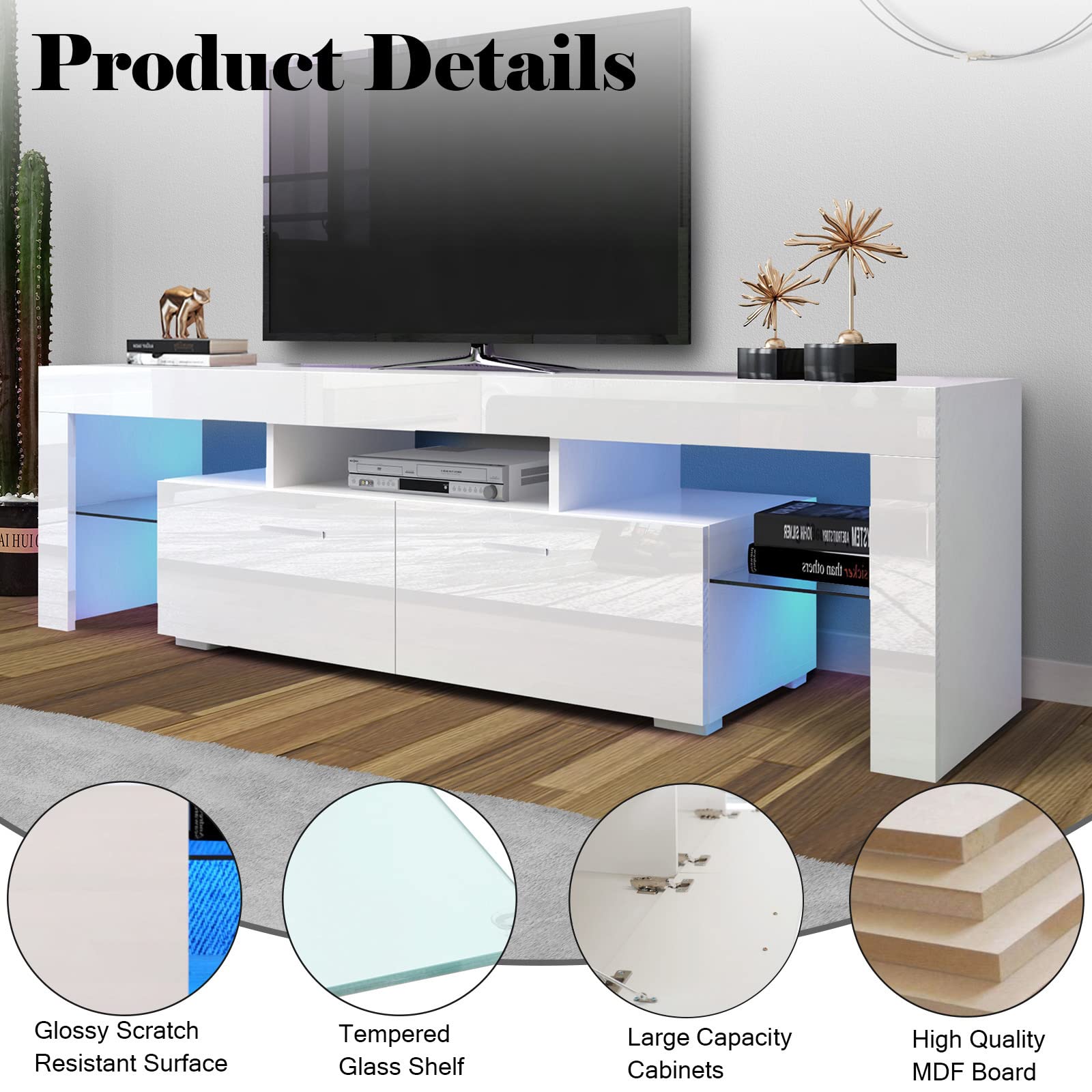 Modern LED TV Stand with 16-Color RGB Lighting - Media Storage Console with 2 Drawers for 70 Inch TVs - Living Room Entertainment Center for Gaming & Movie Nights