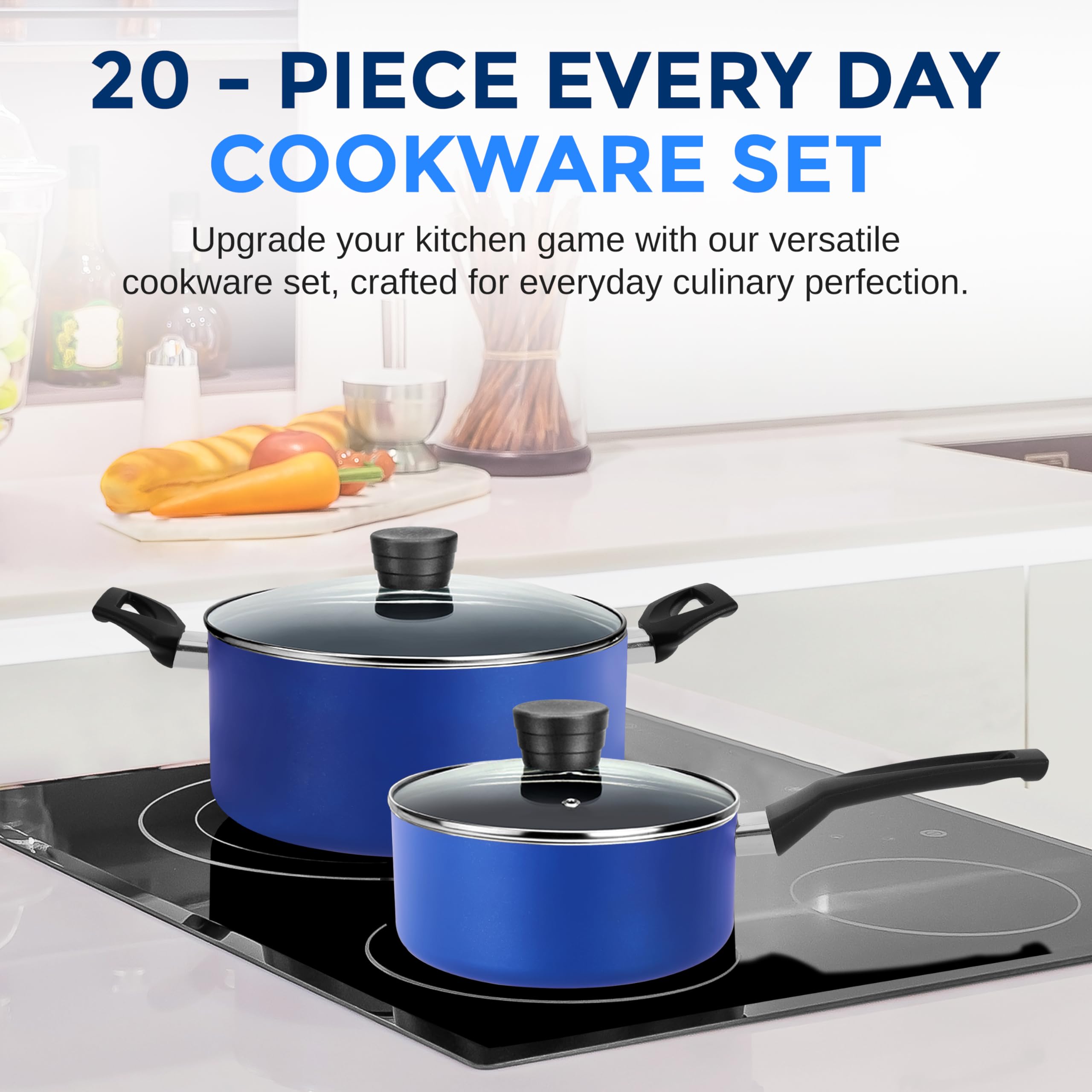 SereneLife 20-Piece Blue Nonstick Cookware Set with Knives, Pots, Pans & Utensils - Heat Resistant, Dishwasher Safe Kitchenware for Cooking, Baking & Meal Prep - Perfect for Home Chefs & Family Dinners