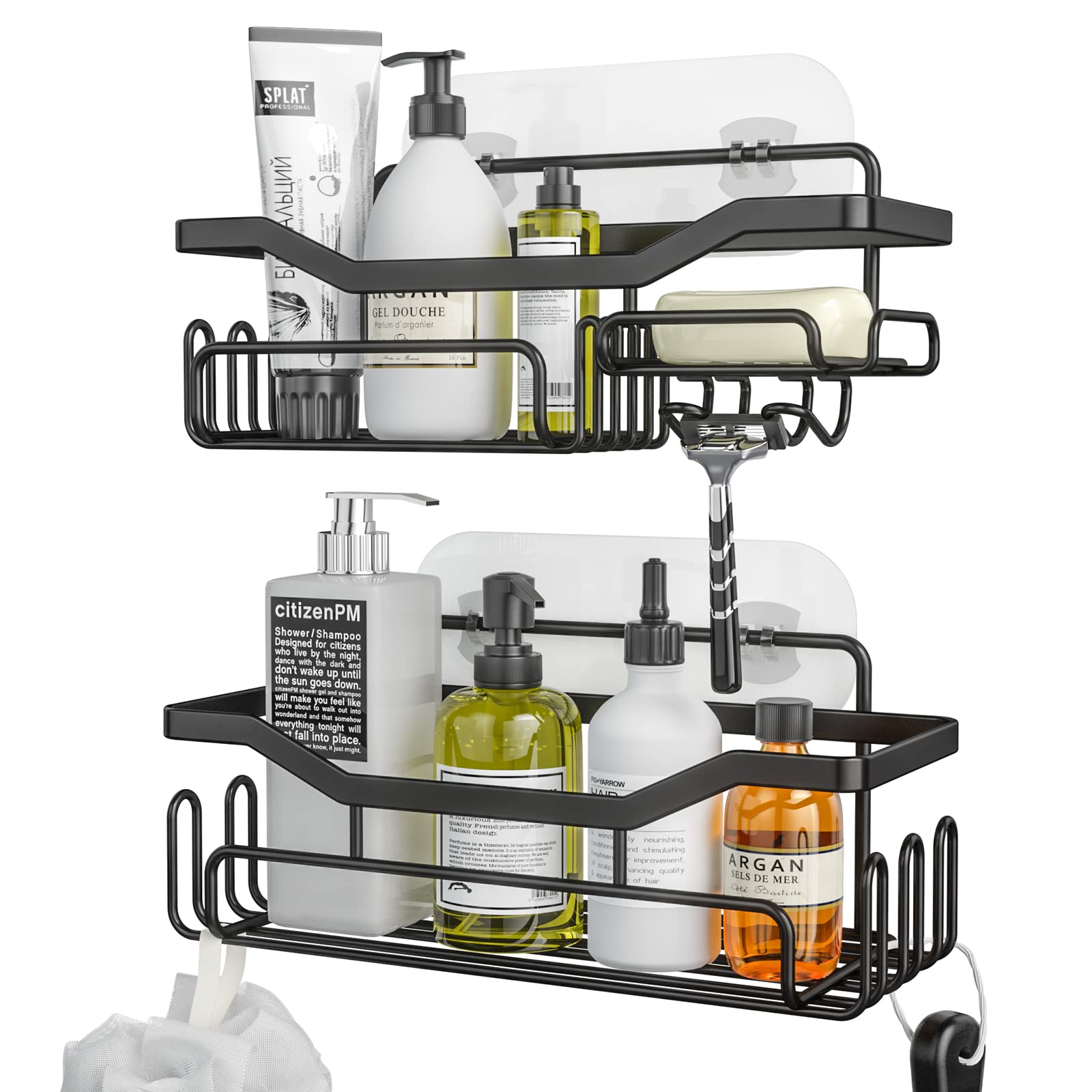HapiRm Shower Caddy Shelf with 11 Hooks - Rustproof Bathroom Organizer for Razor, Soap & Shower Gel - No Drilling Adhesive Shelf with 3 Strong Hooks (Black) | Perfect for Small Bathrooms, Apartments & Dorm Rooms