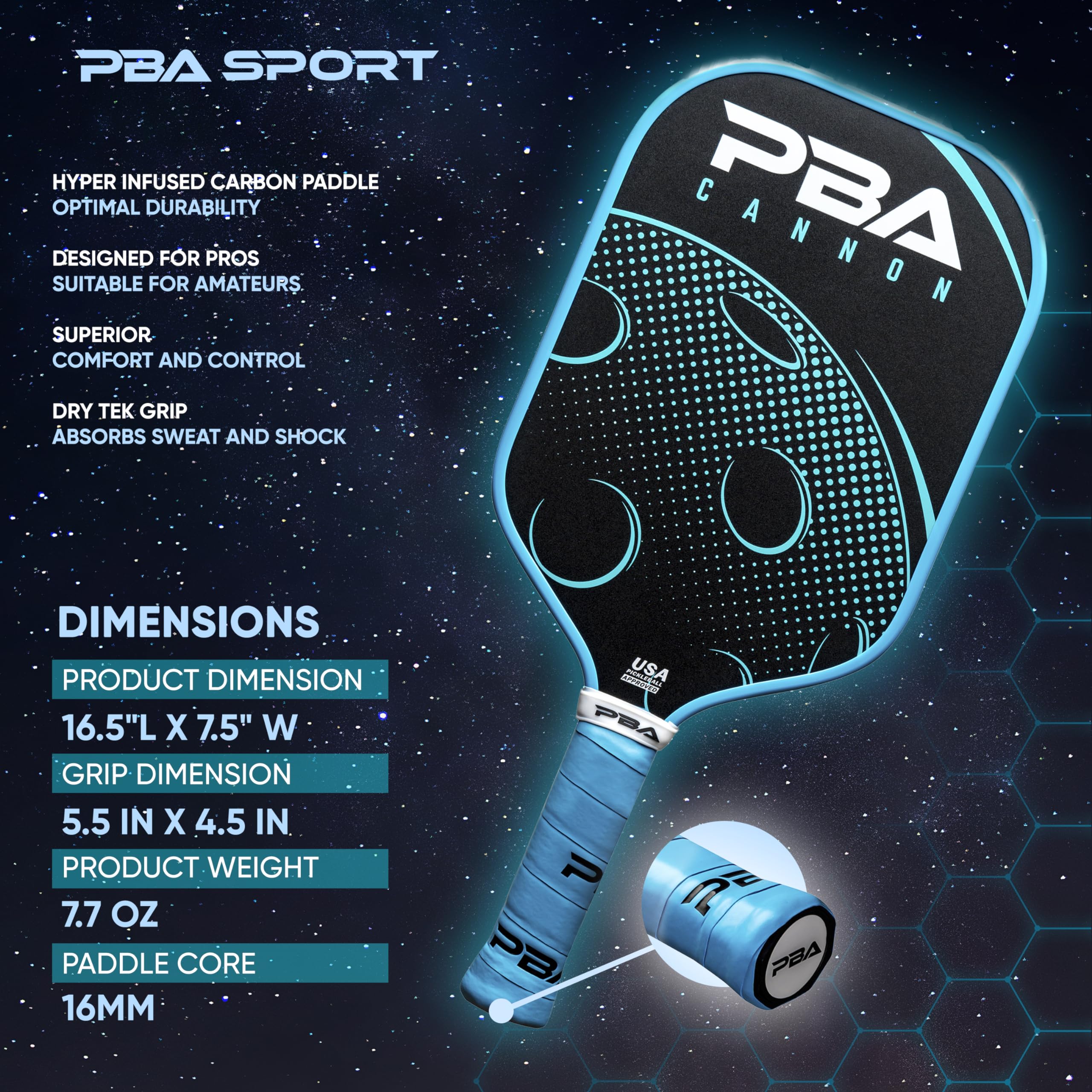 **The Official Paddle of The Pickleball Association | PBA Sport Carbon Fiber Pickleball Paddle for Power & Control | USA Pickleball Approved | 16MM Thick | Perfect for Tournaments & Recreational Play**