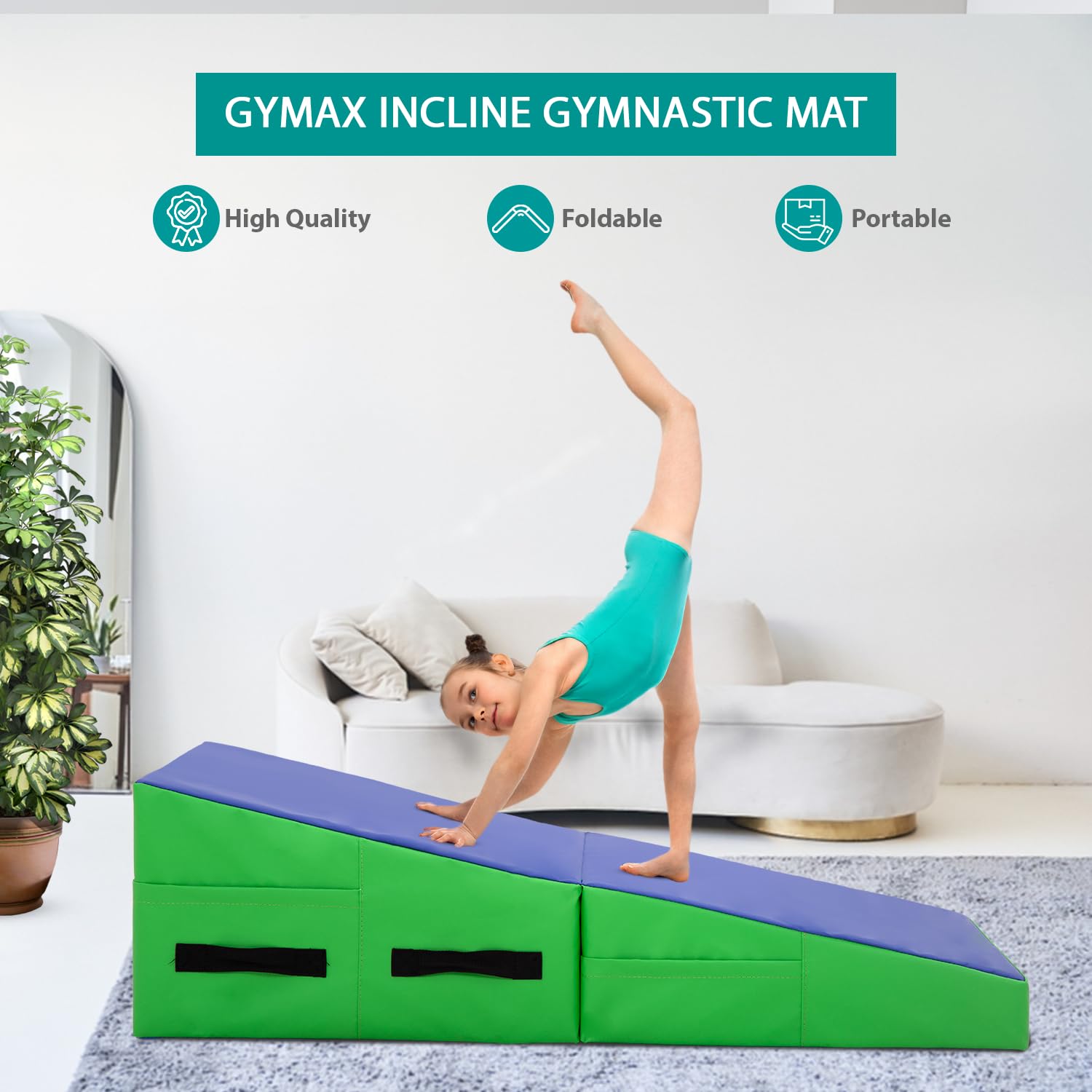 Non-Slip Gymnastics Tumbling Mat with Handle - Cheese Wedge Yoga Mat for Pilates, Martial Arts & Home Workouts | Perfect for Gym, Fitness Studio & Kids Play Area