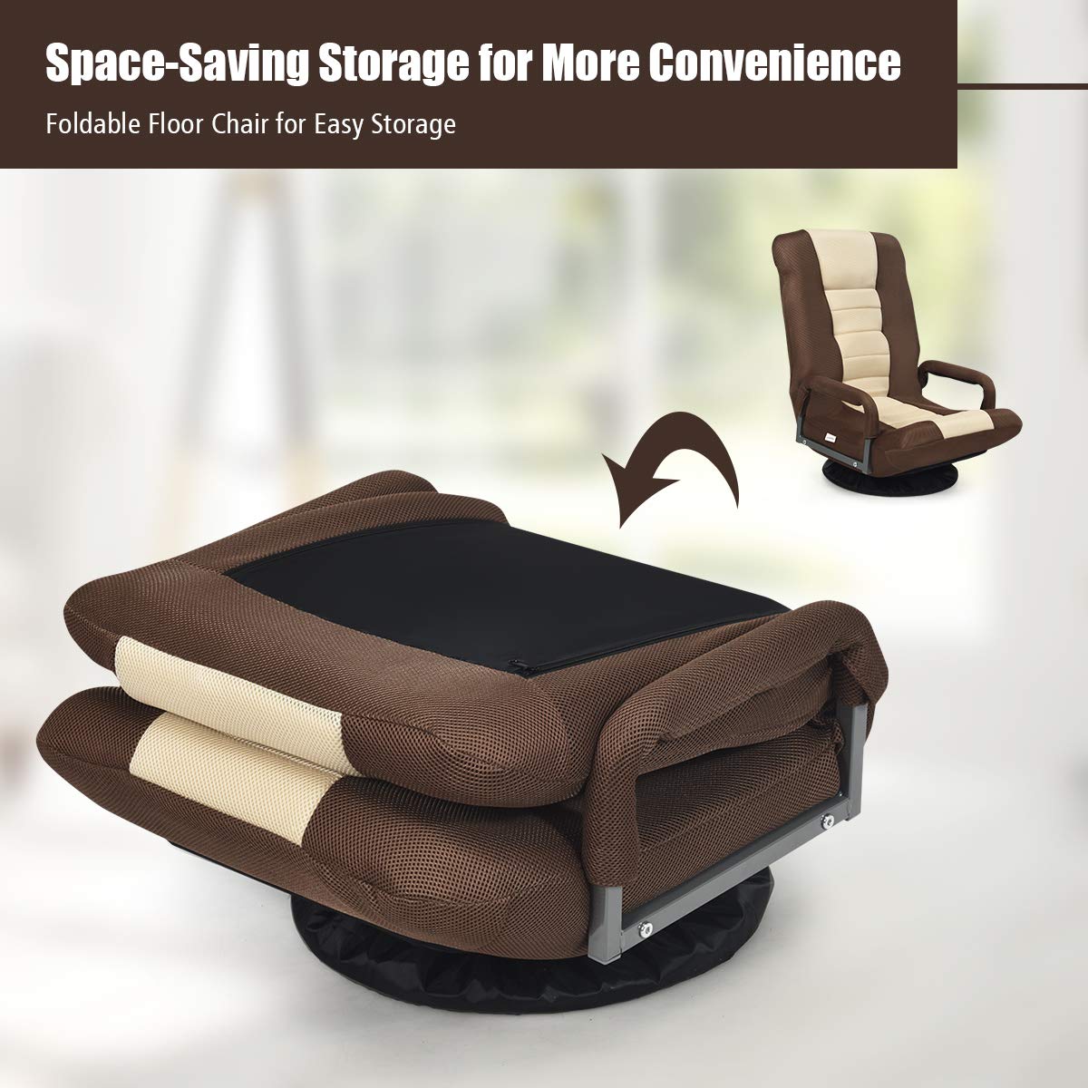 Giantex 360 Degree Swivel Floor Chair - Adjustable Backrest with Lumbar Support & Armrests, Foldable Lazy Sofa Rocker for Living Room, Bedroom, Gaming, TV Watching, Reading - Beige/Brown Home Comfort Chair