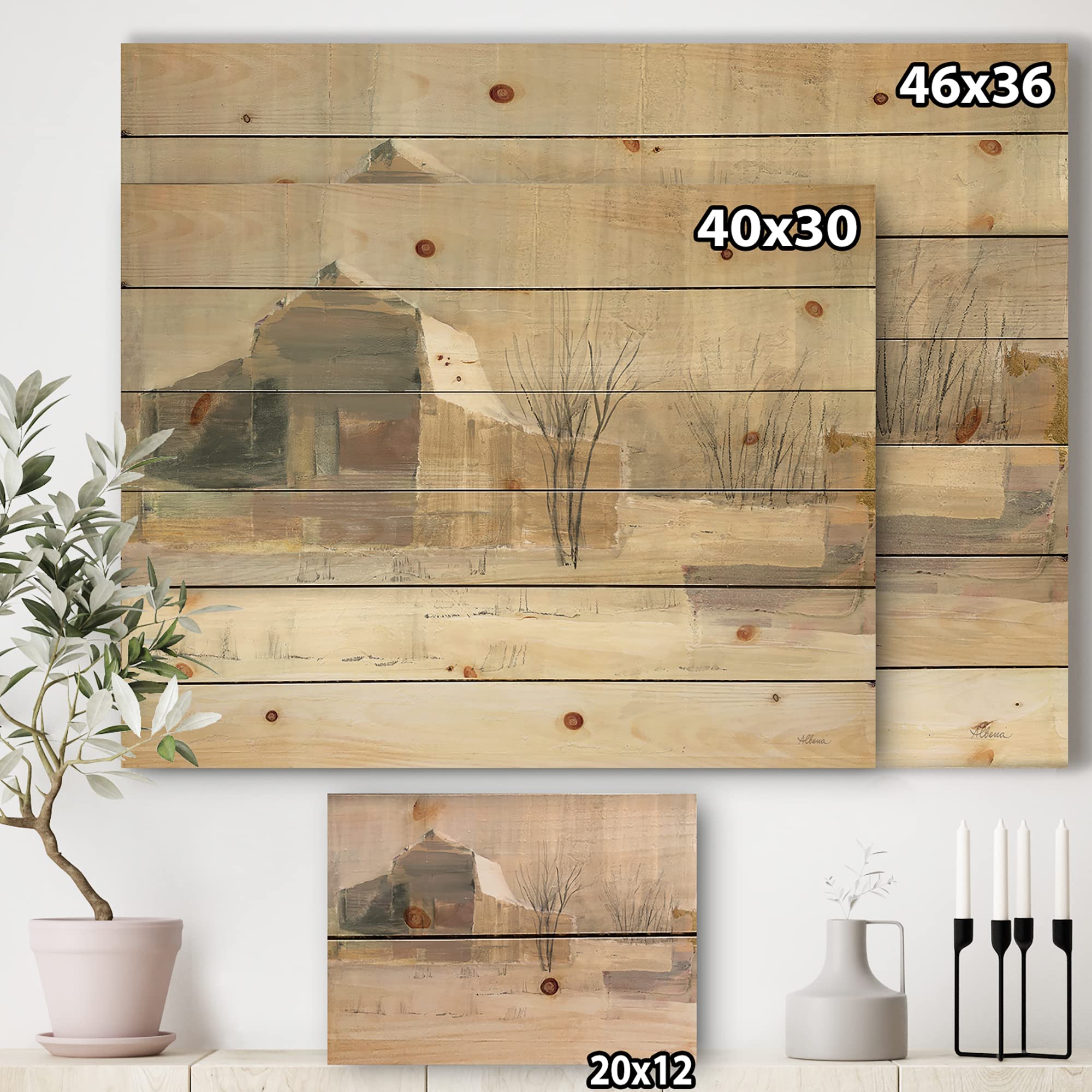 Farmhouse Wood Wall Decor - Winter On The Farm Landscape Art Print on Natural Pine Wood, Large Grey Wood Wall Panels for Living Room, Bedroom & Office Decor