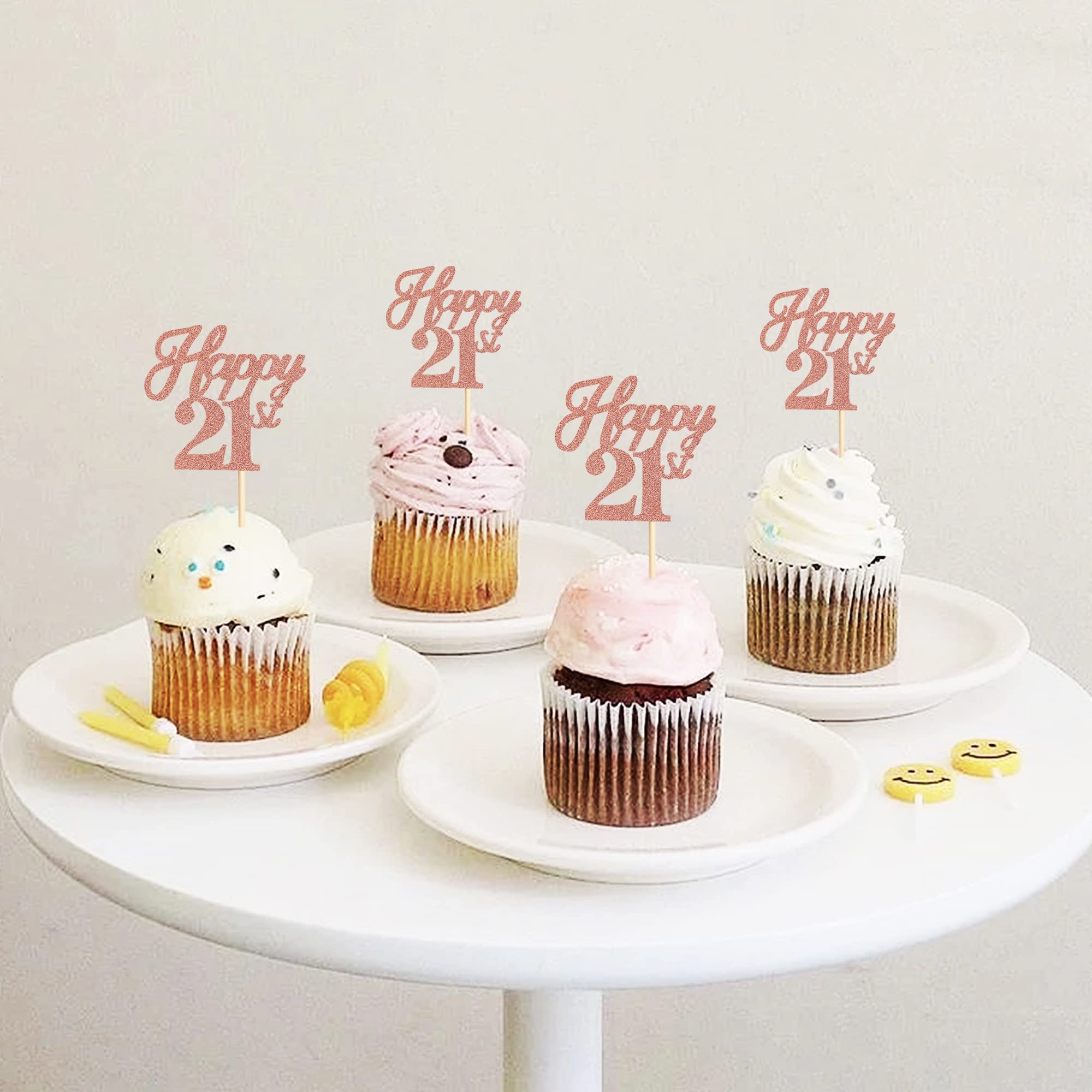 24 Pack Rose Gold Glitter 21st Birthday Cupcake Toppers - Happy 21st Cupcake Picks for Wedding, Anniversary & Party Cake Decorations - Cheers to 21 Cupcake Decor Supplies (Perfect for Milestone Celebrations & Dessert Displays)