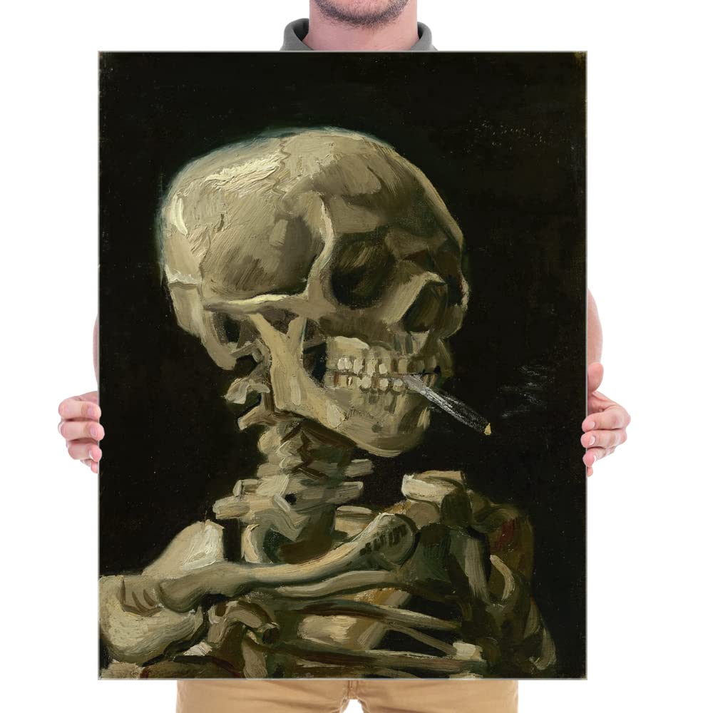 Vincent Van Gogh Skull with Burning Cigarette Canvas Wall Art - Large 1886 Post-Impressionist Skeleton Painting - Home & Office Decor for Living Room, Bedroom, Study
