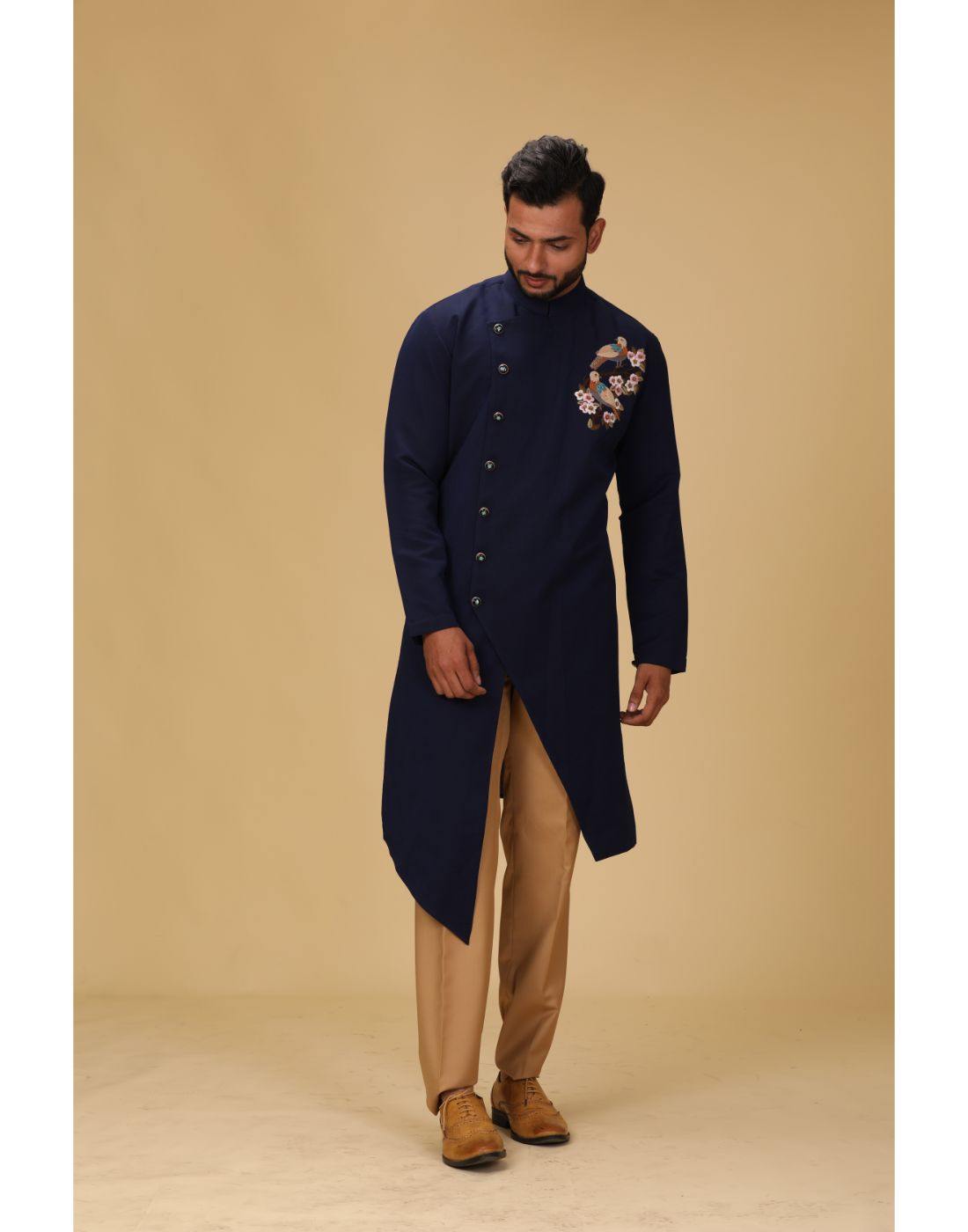 Stylish Navy Blue Thread Embroidery Asymmetrical Designer Sherwani Pant Set for Men - Perfect for Weddings, Festivals & Special Occasions