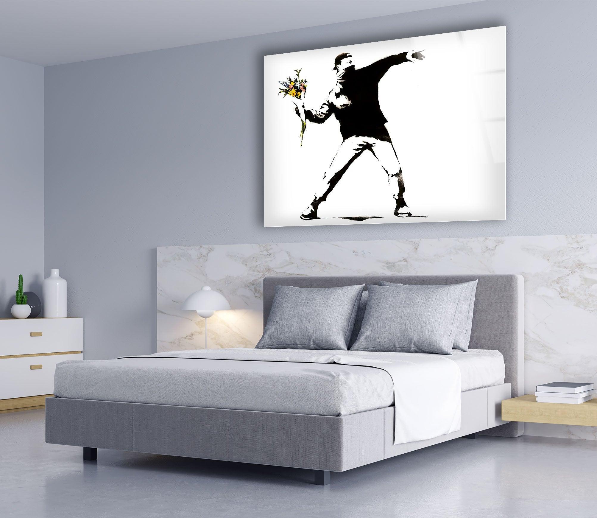 Banksy Flower Thrower Glass Wall Art - Stunning Framed Home Decor for Living Room, Bedroom & Office - Unique Gift Idea for Art Lovers