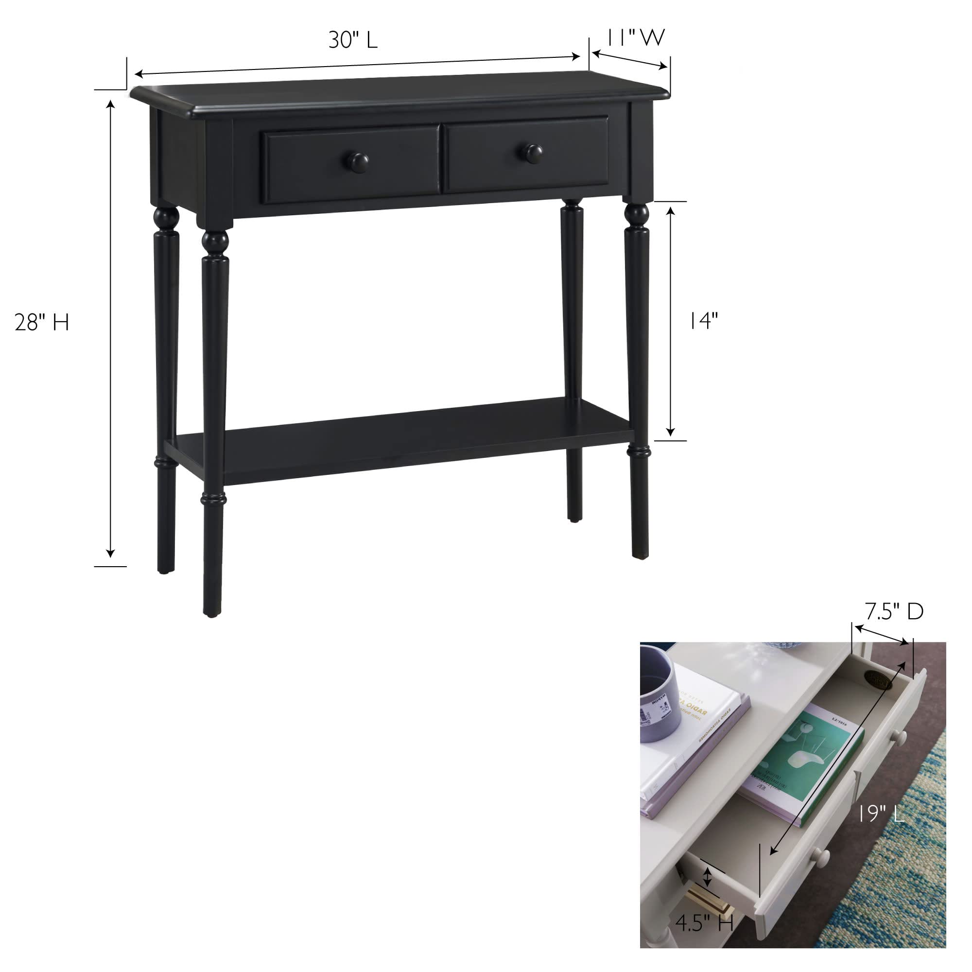 Leick Home Coastal Solid Wood Hall Console Table with Drawer Storage - Swan Black | Entryway Table, Living Room Sofa Table & Small Space Furniture | Perfect for Foyers, Hallways & Apartment Decor