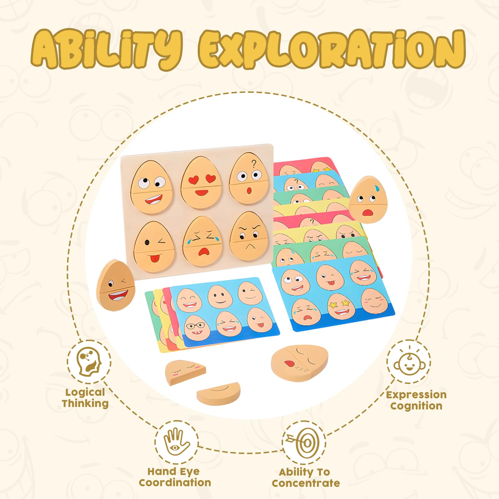 Montessori Wooden Toys for 1 2 3 Year Old Kids - 32 Pcs Toddler Educational Sorting & Matching Puzzle Blocks with Facial Expressions - Preschool Learning Games, Birthday Gifts & Stocking Stuffers - Perfect for Early Childhood Development & Sensory Play