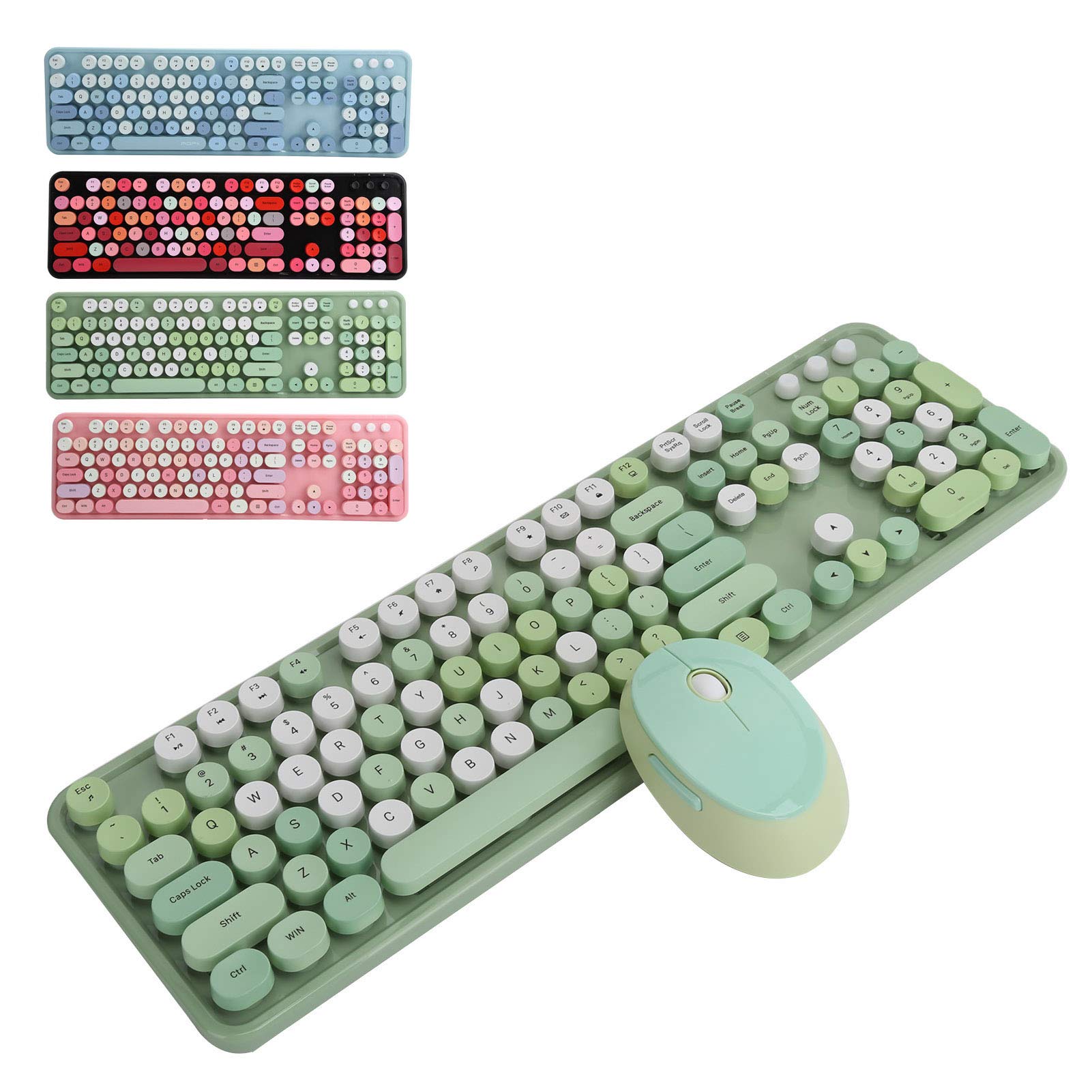Vintage Typewriter Style Wireless Keyboard and Mouse Set - 104 Key Retro Round Keycap Keyboard with 1600 DPI Wireless Mouse (Green) - Perfect for Home Office, Gaming, and Creative Writing Workspaces