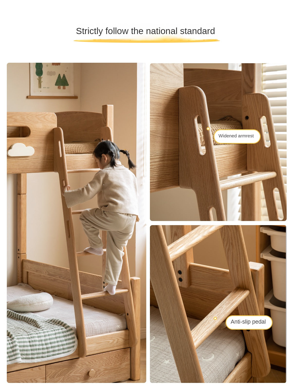 Solid Oak Wood Multi-Functional Bunk Bed with Ladder & Guardrails - Space-Saving Kids Bedroom Furniture for Siblings or Sleepovers