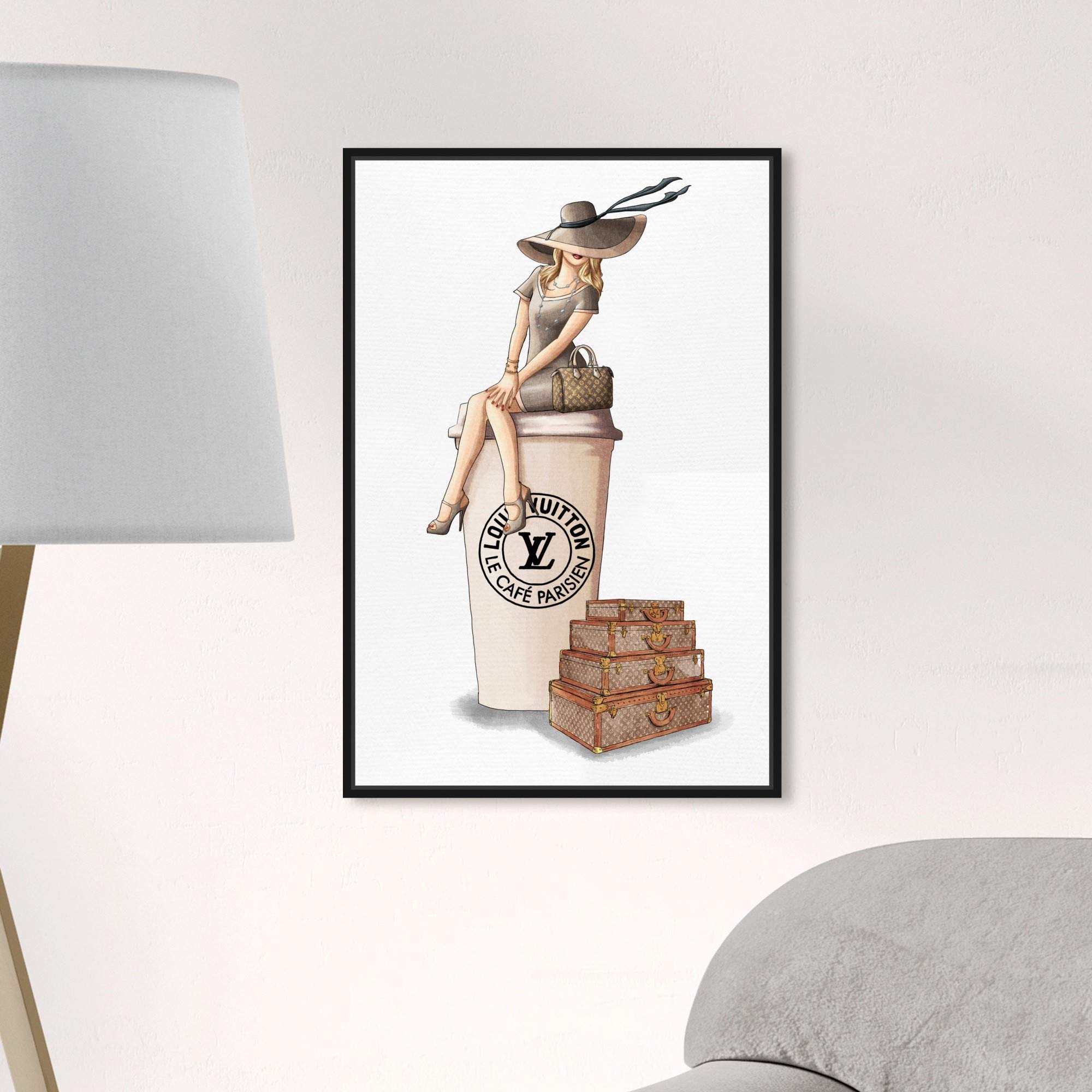 Oliver Gal Artist Co. 'Cafe au Lait Paris' Fashion Wall Art - 16x24 Inch Framed Canvas Print in Brown | Handbag & Home Decor | Perfect for Living Room, Bedroom or Office Décor