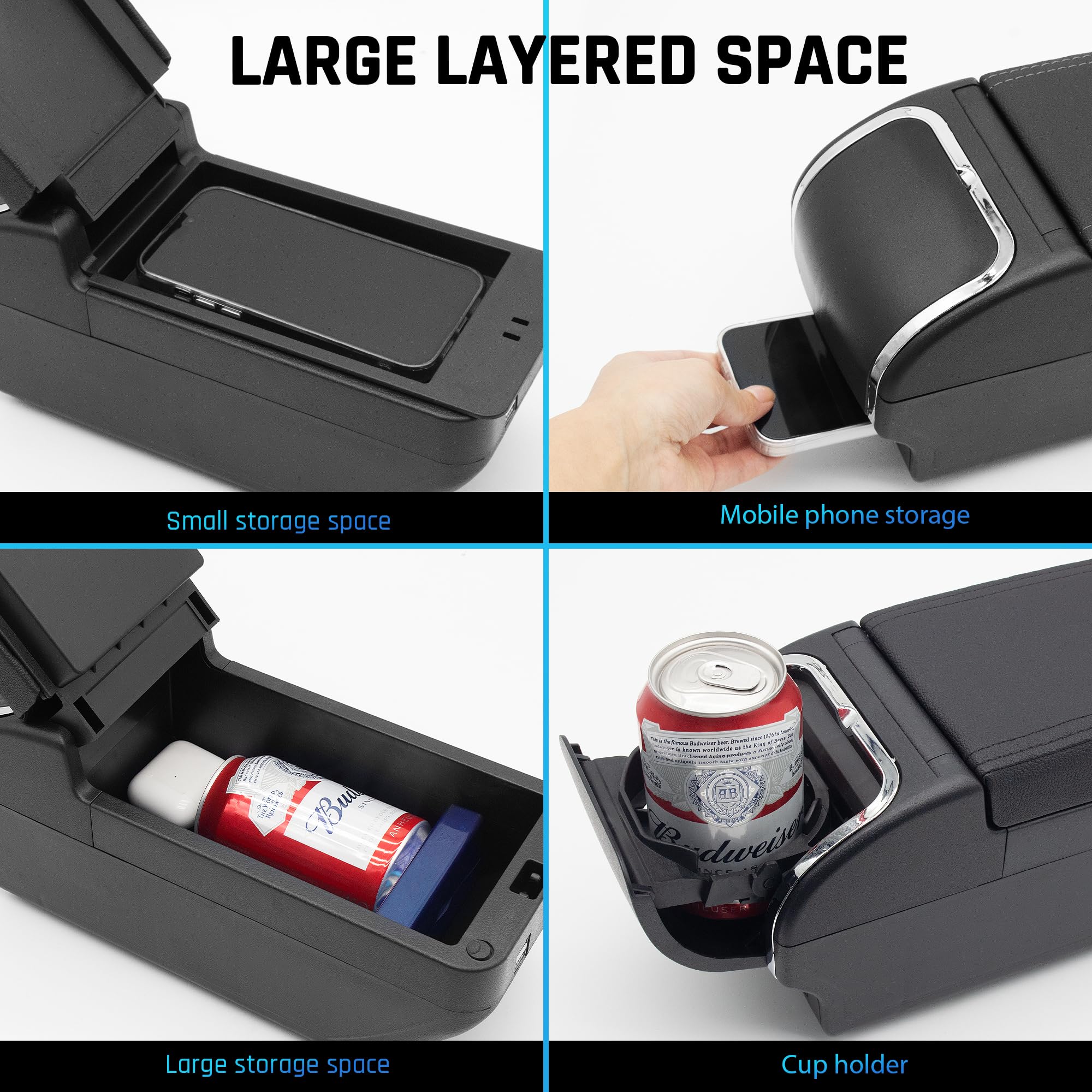 Toyota Prius C Center Console Armrest Box with 4 USB Ports & Cup Holder - Double Layer Storage Organizer for Car Interior Accessories (Black) - Perfect for Road Trips & Daily Commuting