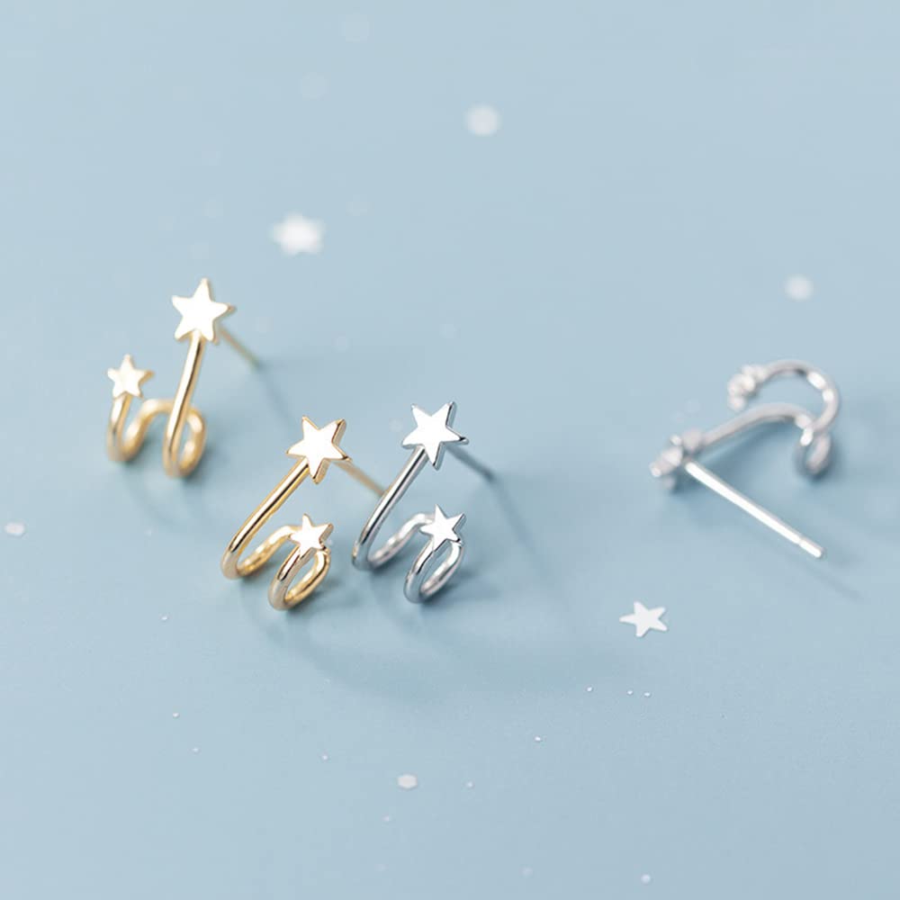 Double Star 925 Sterling Silver Stud Earrings for Women - Minimalist Cute Cuff Wrap Cartilage Earrings - Hypoallergenic Dainty Jewelry Gifts for Her - Perfect for Everyday Wear, Parties & Special Occasions