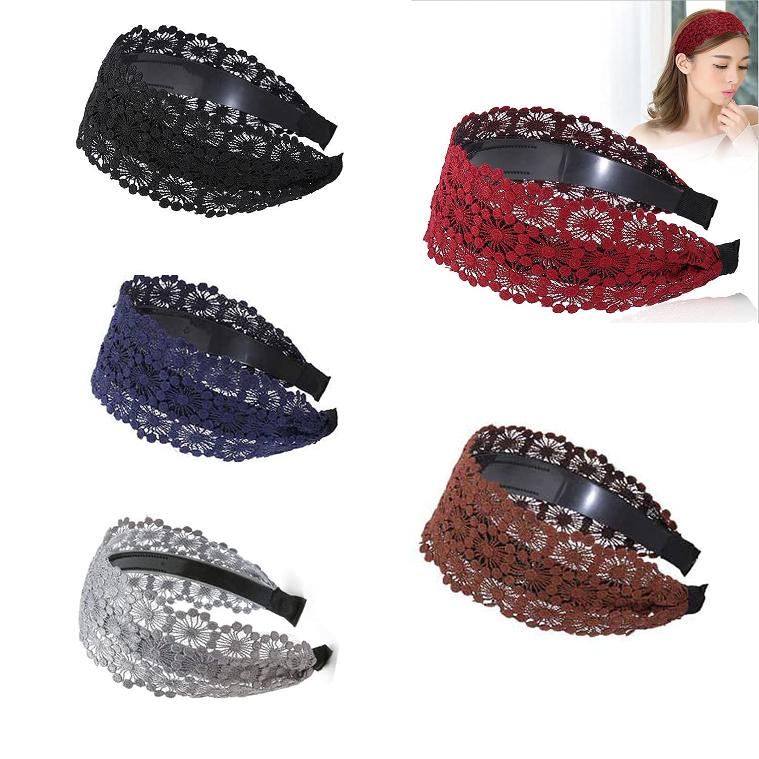 DORIS&JACKY Women's Fashion 2.5 Inch Wide Lace Headbands with Teeth - 5 Pack Elastic Hair Bands for Women & Girls - Perfect for Weddings, Parties & Everyday Styling