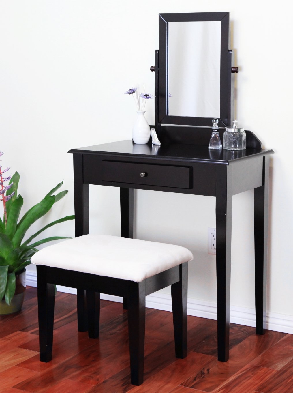 Frenchi Furniture Wood 3-Piece Vanity Set in Mahogany Finish - Elegant Dressing Table with Stool & Mirror for Bedroom Makeup & Beauty Station