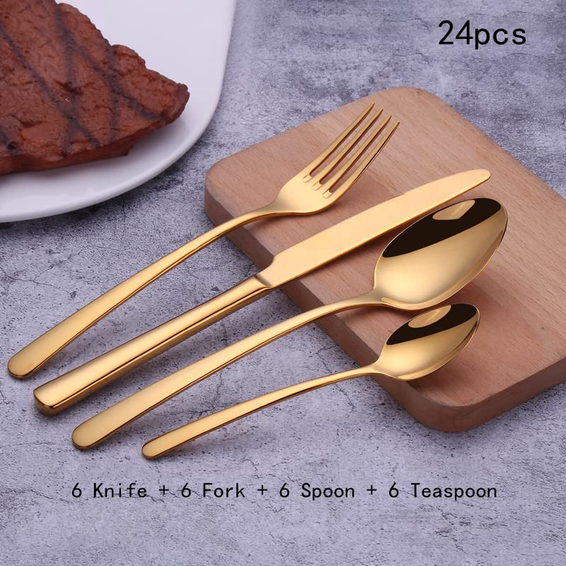24-Piece Stainless Steel Silverware Set - Gold Flatware Cutlery for Kitchen, Dining & Travel - Knife, Fork & Spoon Tableware Set for Restaurants, Parties & Everyday Use