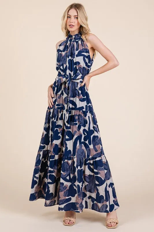 Elegant Halter Neck Tie Waist Tiered Maxi Dress for Women | Summer Beach Vacation Resort Wear | Perfect for Pool Parties, Tropical Getaways and Evening Dinners