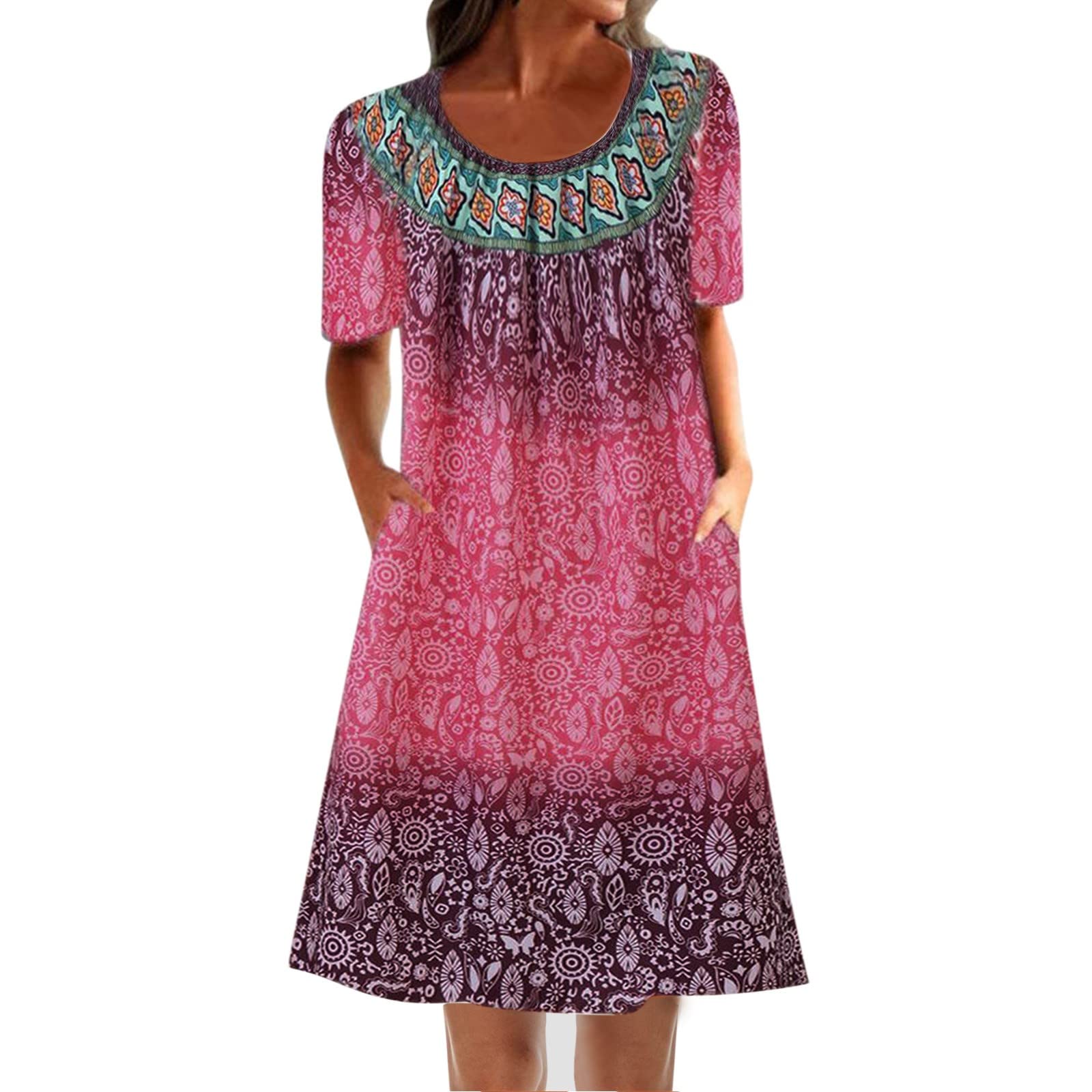 LINASHI Women's Summer Boho Floral Print Dress - Round Neck Short Sleeve Loose Fit Pocket Dress for Beach, Vacation & Casual Wear | Comfortable & Stylish
