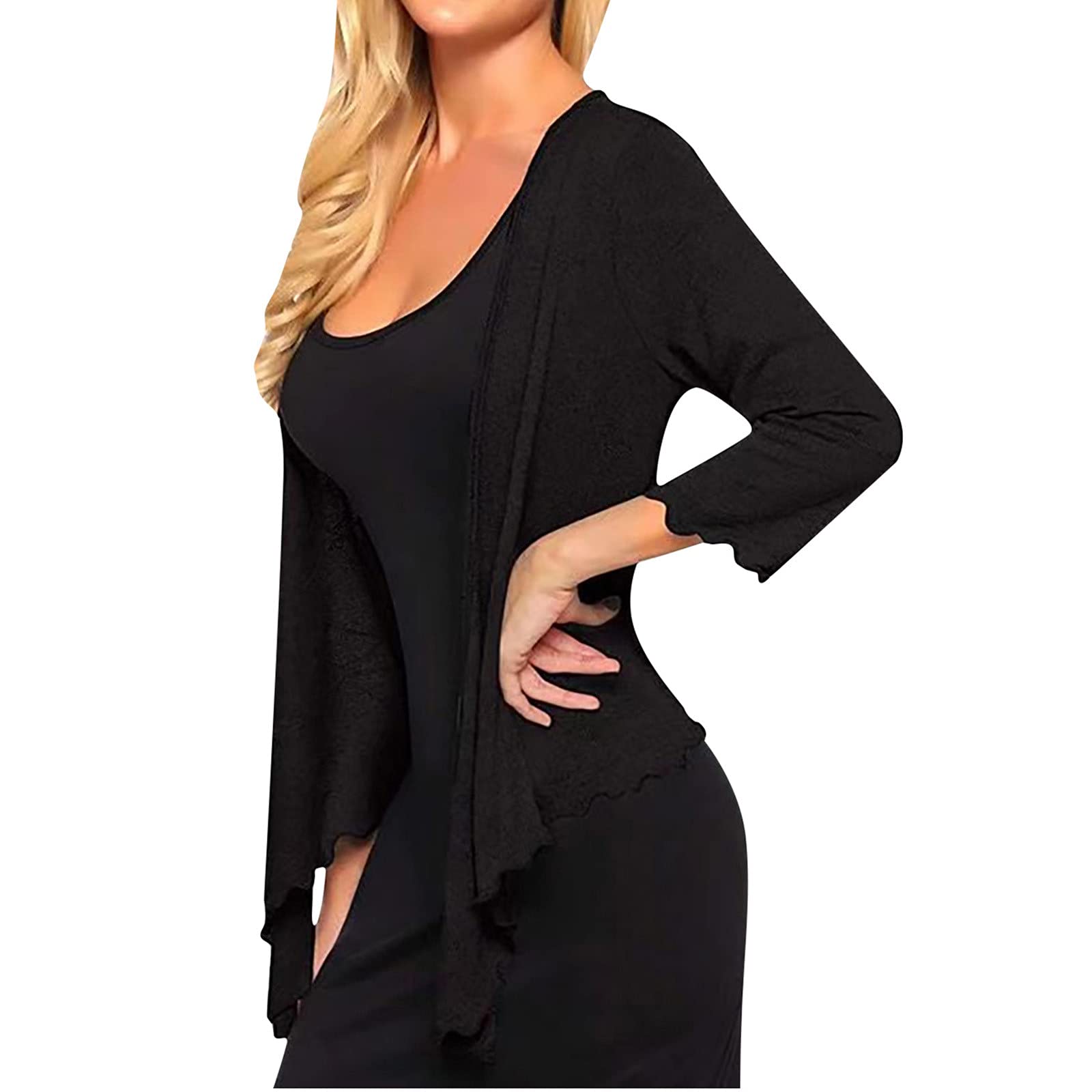 Women's Lightweight Spring Jacket - Solid Color 7-Point Sleeve Elegant Cardigan with Shawl Collar | Perfect for Office Wear, Date Night & Spring Outfits | Great Gift for Her