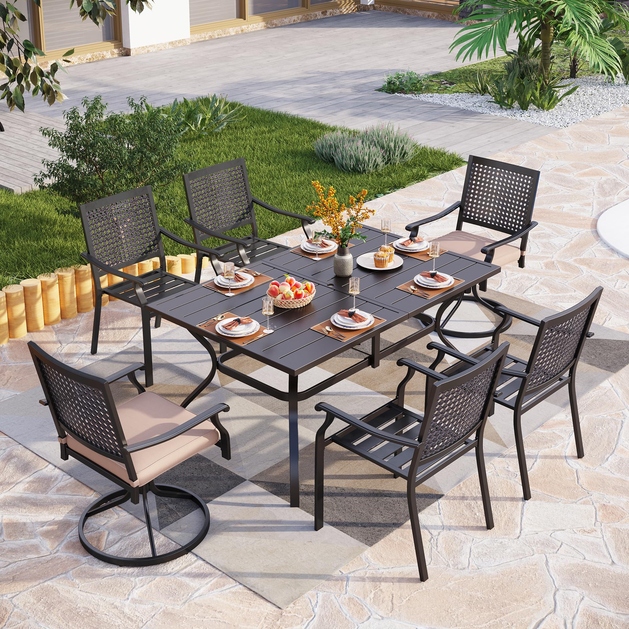 PHI VILLA 6-Piece Outdoor Dining Set - Modern Patio Table with Umbrella Hole & 6 Wrought Iron Swivel Chairs - Durable Metal Furniture for Backyard, Garden, Bistro - Perfect for Al Fresco Dining & Outdoor Entertaining