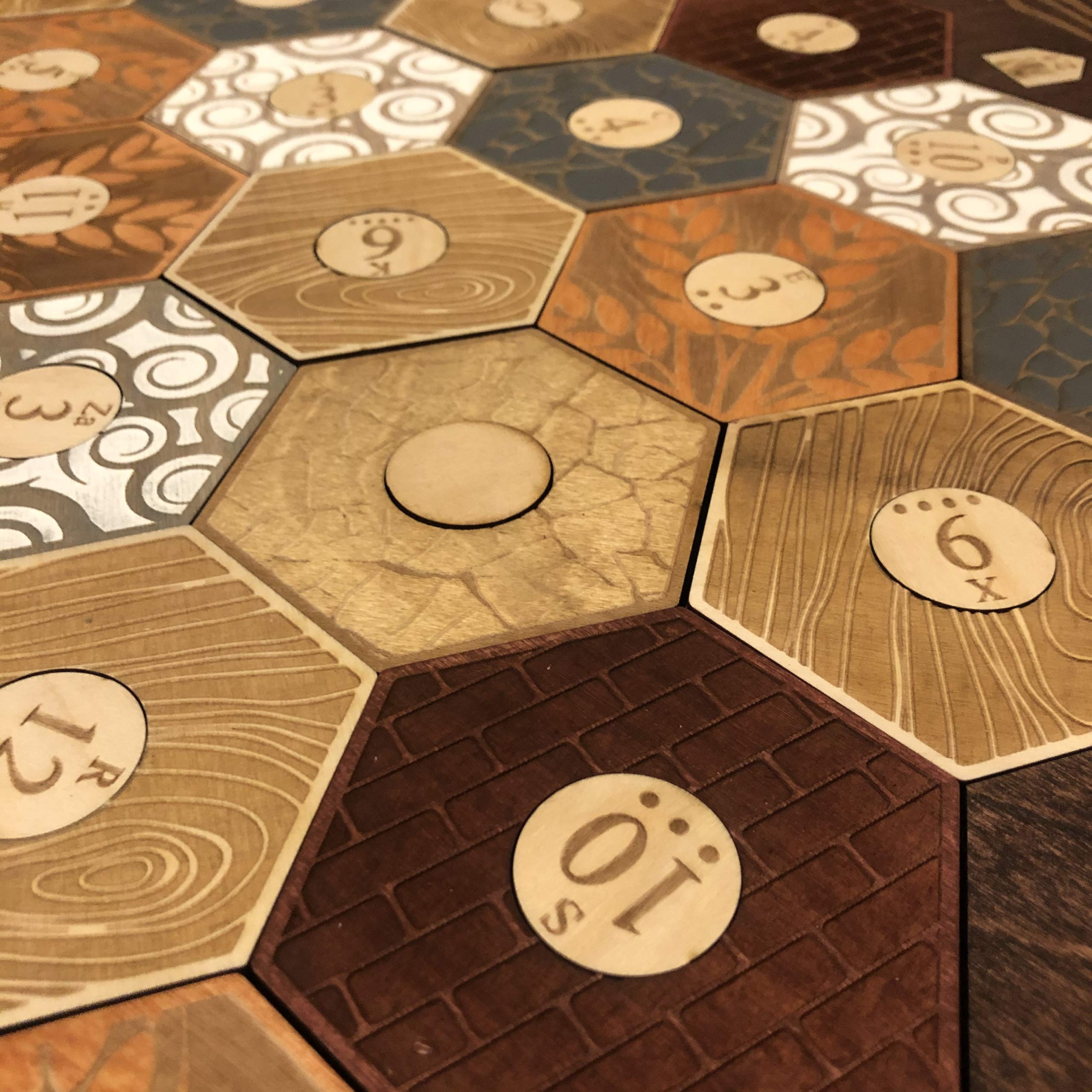 Custom Laser Etched Wooden Game Board with Stained Finish - Compatible with Settlers of Catan 5-6 Player Expansion | Includes Terrain, Border & Number Tokens | Perfect for Family Game Nights & Strategy Board Game Enthusiasts