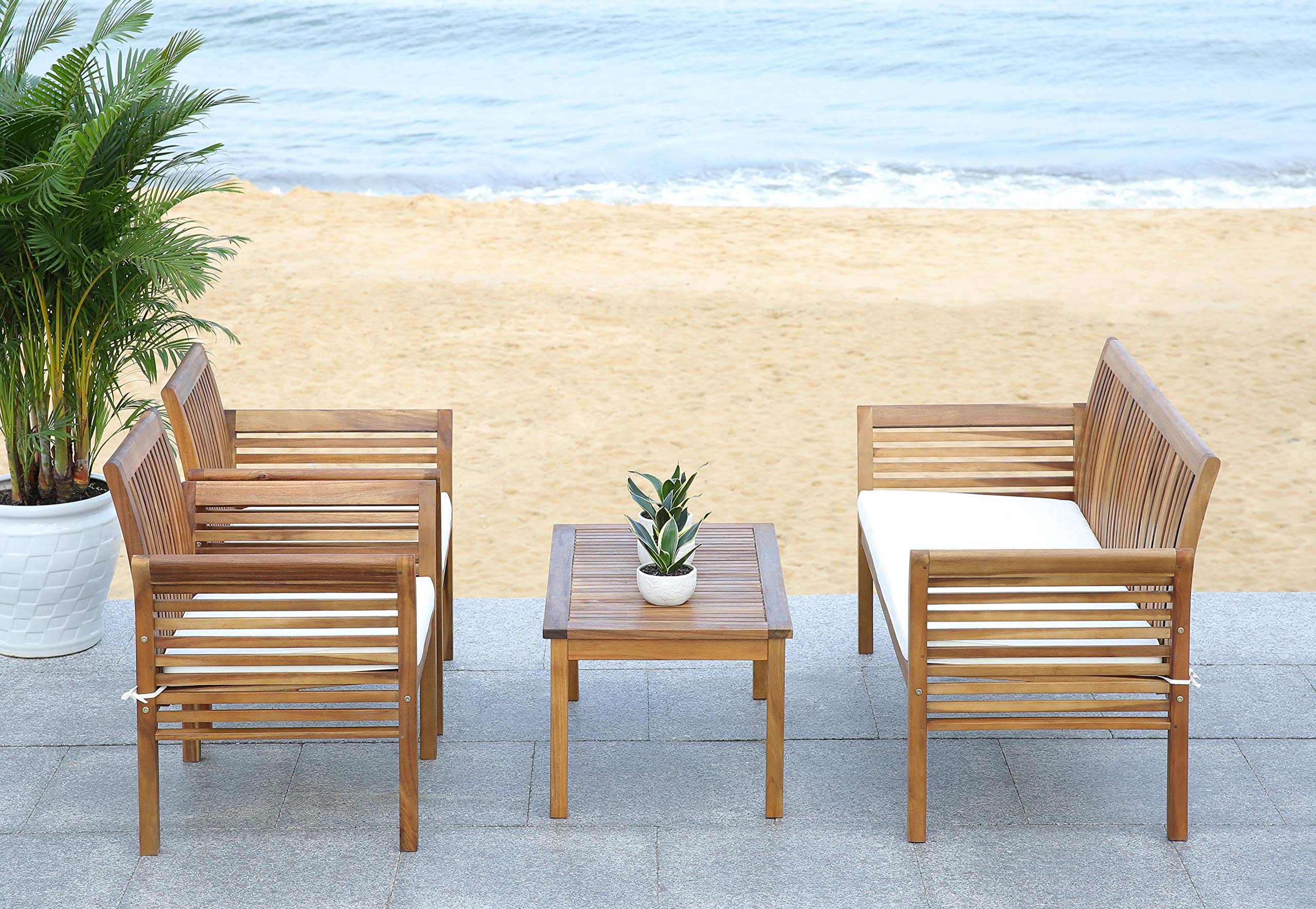 SAFAVIEH Outdoor Collection Carson Natural/Beige 4-Piece Patio Cushion Set for Conversation Area - Water-Resistant Outdoor Furniture Cushions for Garden, Poolside & Backyard Relaxation