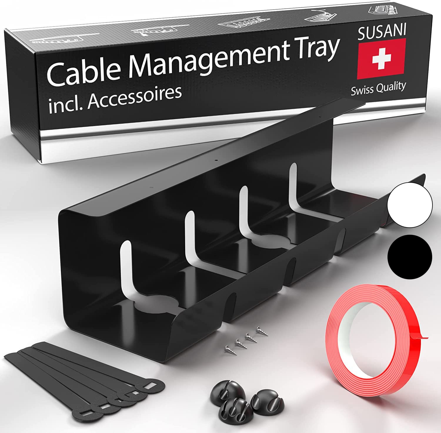 SUSANI Under Desk Cable Management Tray - Black Wire Organizer with Carbon Steel Construction - Includes Practical Accessories for Home & Office Workspace Organization
