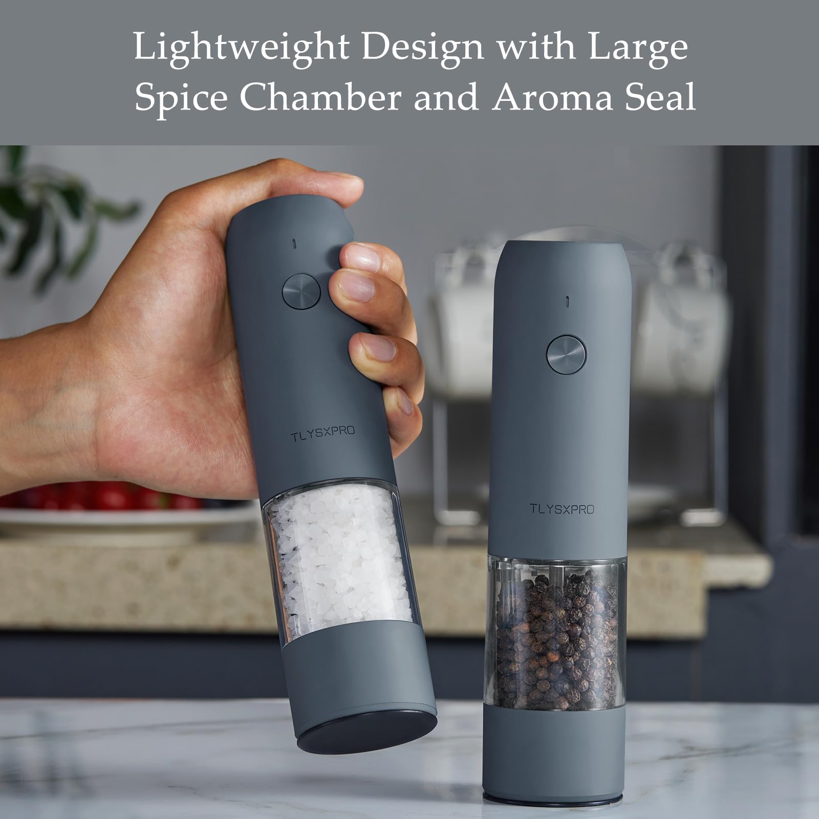 Electric Salt and Pepper Grinder Set - USB Rechargeable Automatic Spice Mill with Adjustable Coarseness & LED Light - Refillable Kitchen Gadget for Home Cooking (1-Pack, Blue-Grey) - Perfect for Seasoning Steaks, Salads & Gourmet Dishes