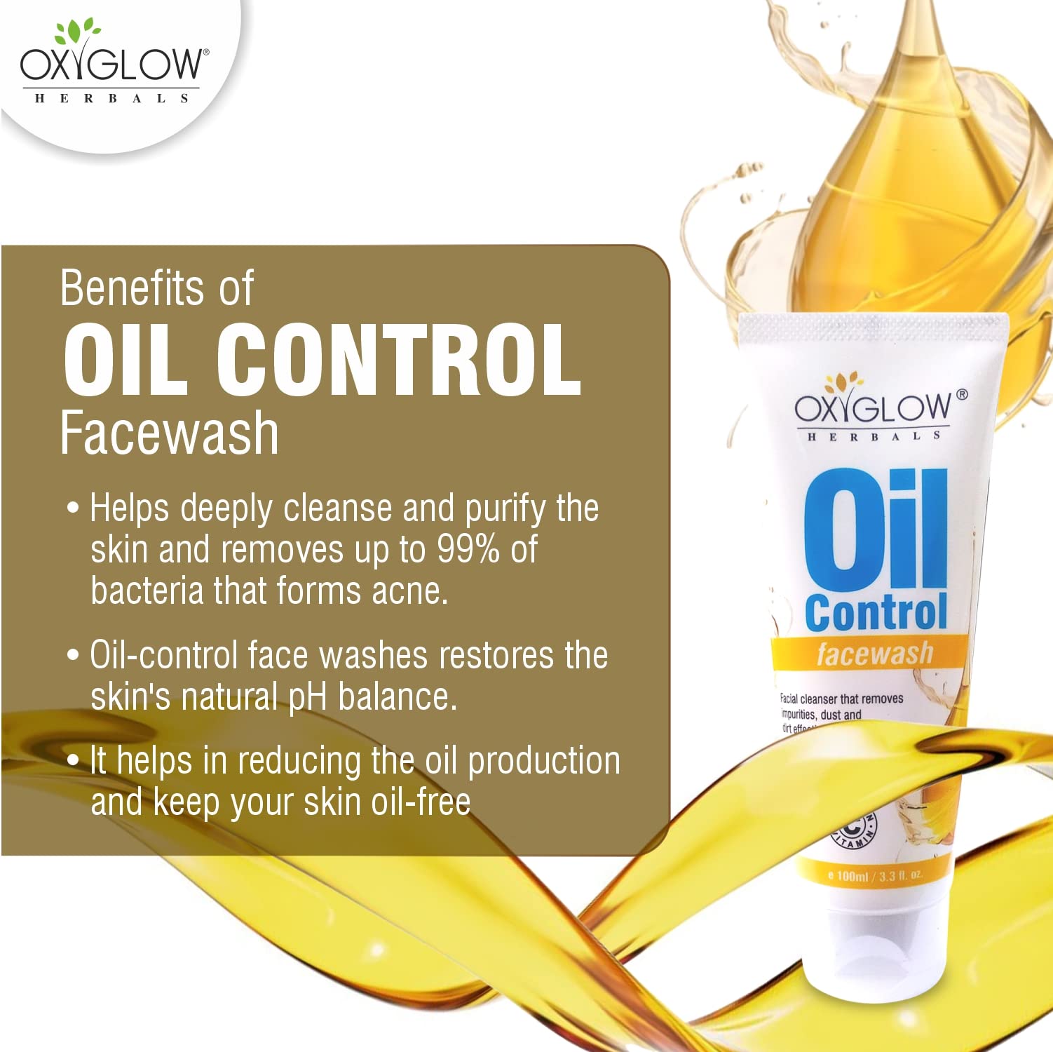 OxyGlow Herbals Anti-Acne Oil Control Face Wash - pH Balancing, Deep Cleansing & Bacteria Removal (100ml, Pack of 3) | Perfect for Oily & Acne-Prone Skin, Daily Skincare Routine, Morning & Night Use