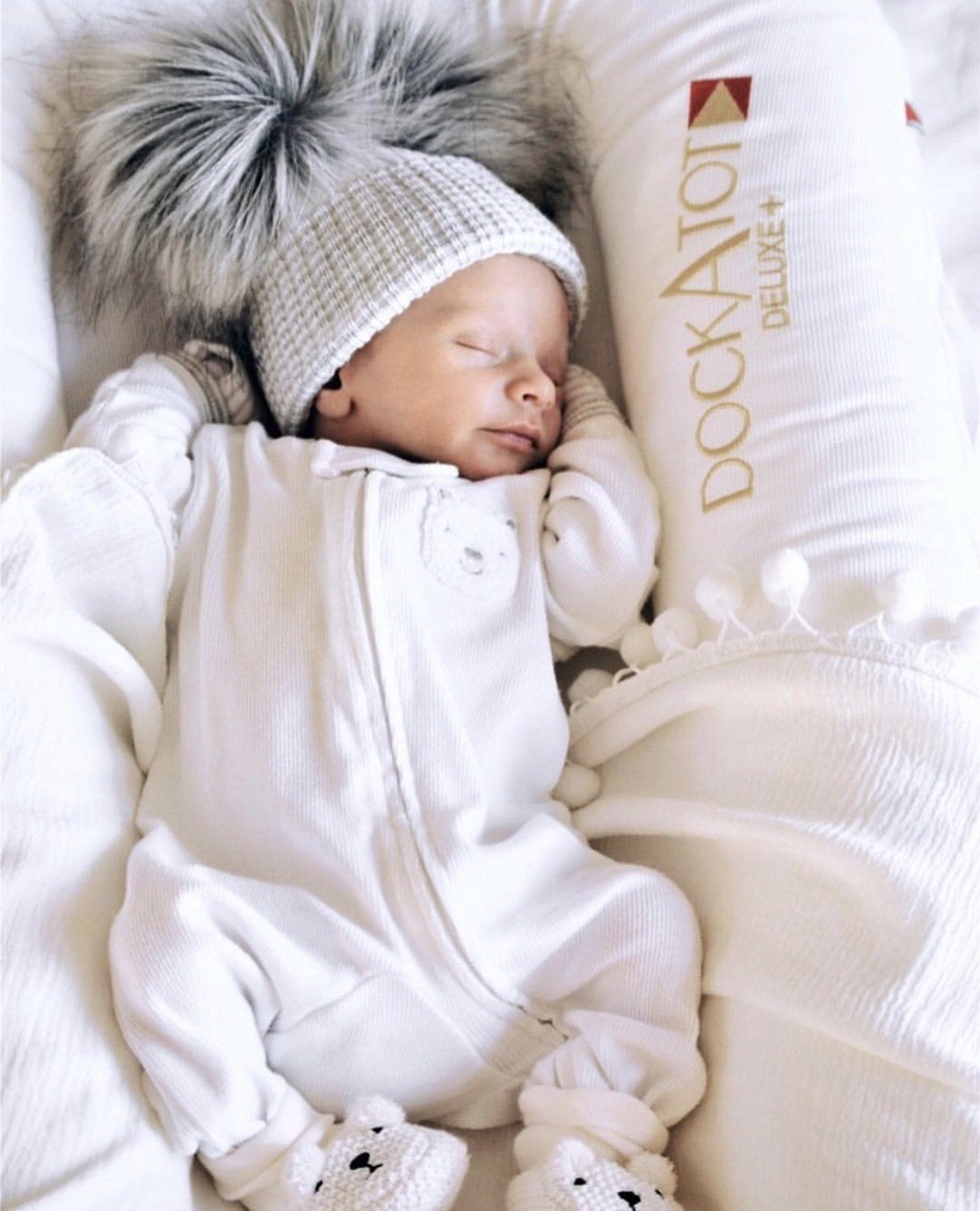 White & Grey Double Pom Pom Beanie - Soft Winter Knit Hat for Women & Men - Cozy Cold Weather Accessory for Outdoor Activities & Fashion