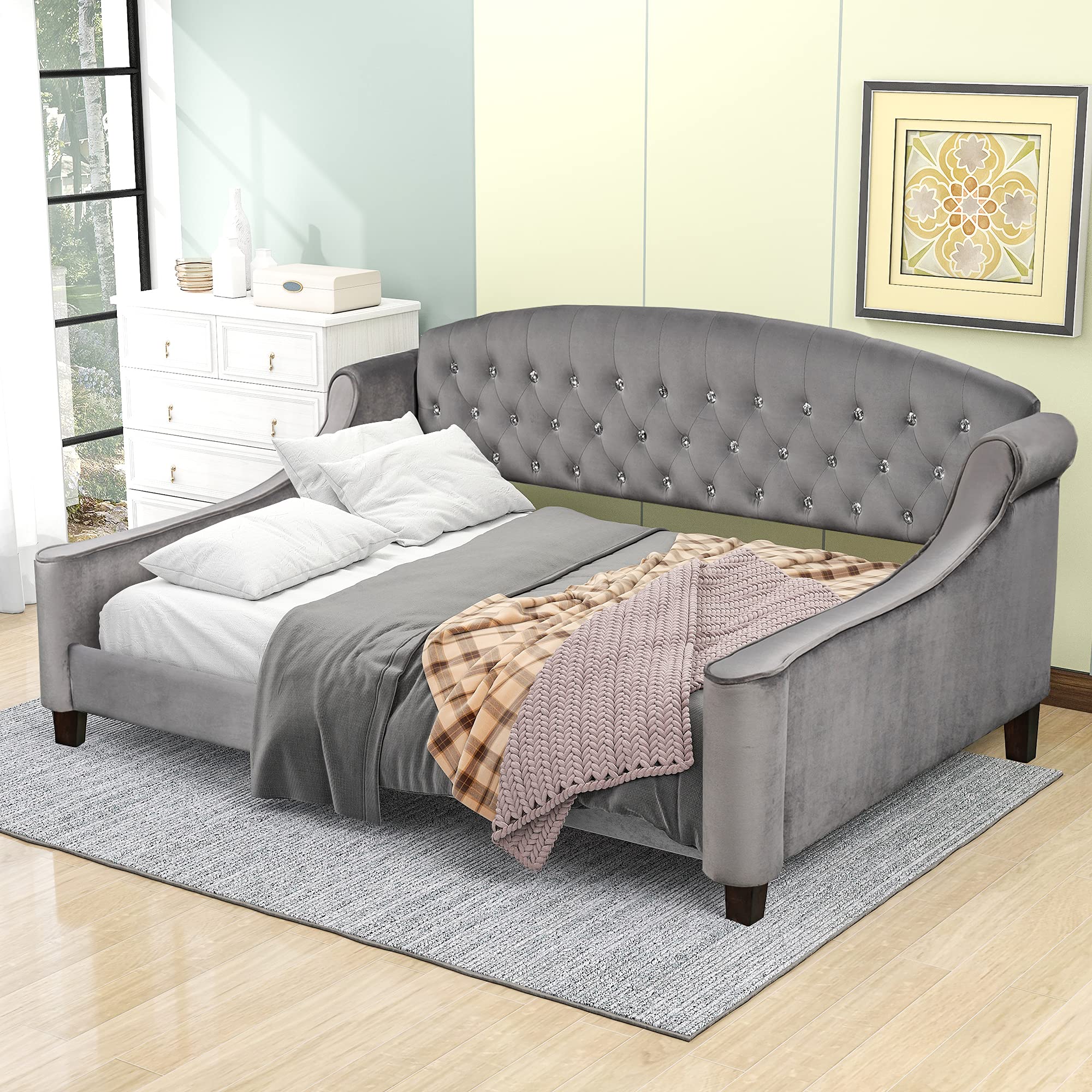 Luxury Full Size Tufted Upholstered Daybed with Wood Slat Support - Sofa Bed for Living Room, Guest Room & Small Spaces - Danxee Comfortable Modern Sleeper Furniture