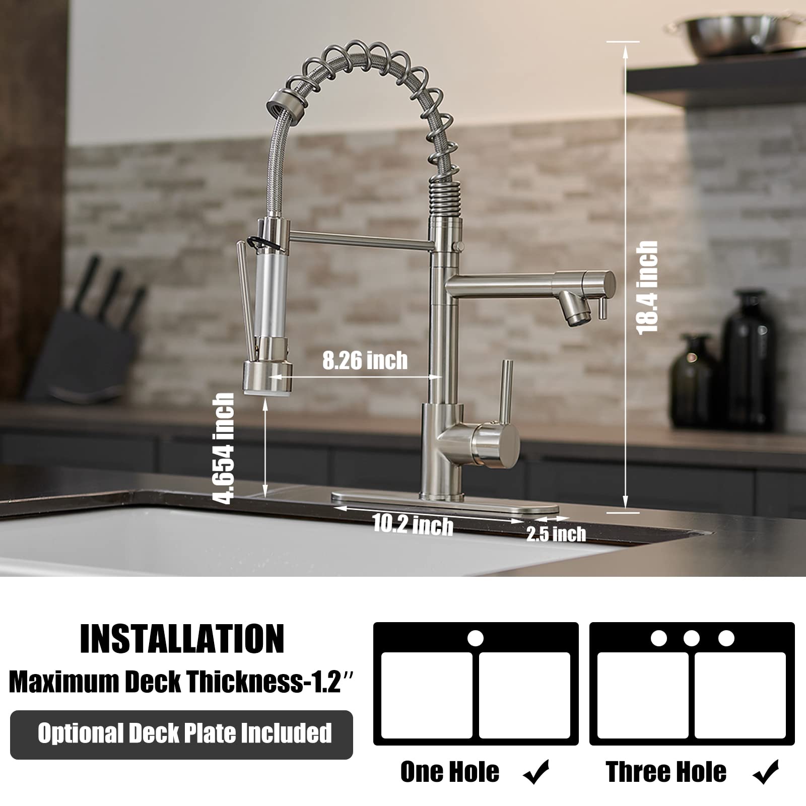 Brushed Nickel Single Handle Modern Kitchen Faucet with Pull Down Sprayer and Dual Spout - Commercial Grade Spring Faucet for Sink with Deck Plate - Perfect for Home Kitchen, Restaurant, and Commercial Use