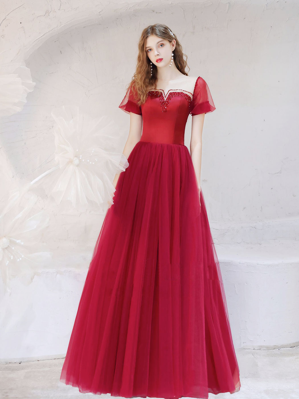 Elegant A-Line Burgundy Long Prom Dresses with Tulle & Beading - Formal Evening Gowns for Homecoming, Ball, Wedding Guest & Special Occasions