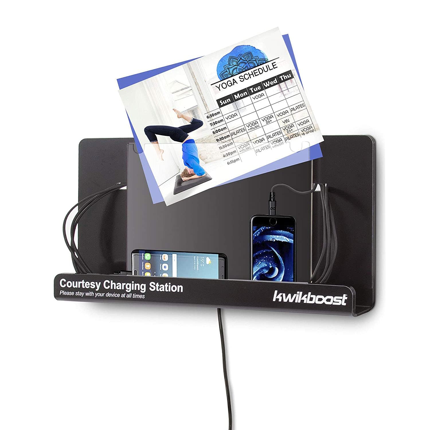 8-Device Wall Mount Charging Station with Acrylic Sign Holder - Black | Multi-Device Charging Hub for Home, Office & Retail Spaces