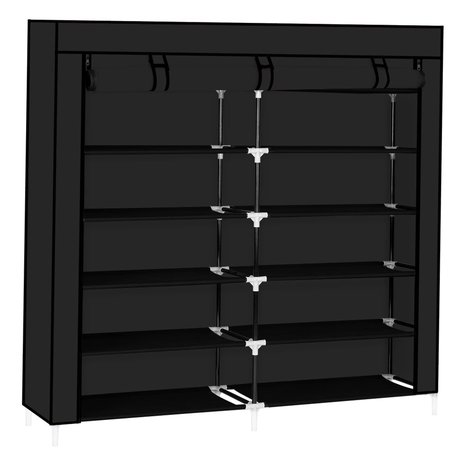ZKTYQUIHE 7-Tier Shoe Organizer - 14-Grid Non-Woven Fabric Shoe Rack with Cover, Portable Closet Storage Cabinet - Easy Assembly No Tools Needed, Double Row Black - Perfect for Entryway, Bedroom & Closet Organization