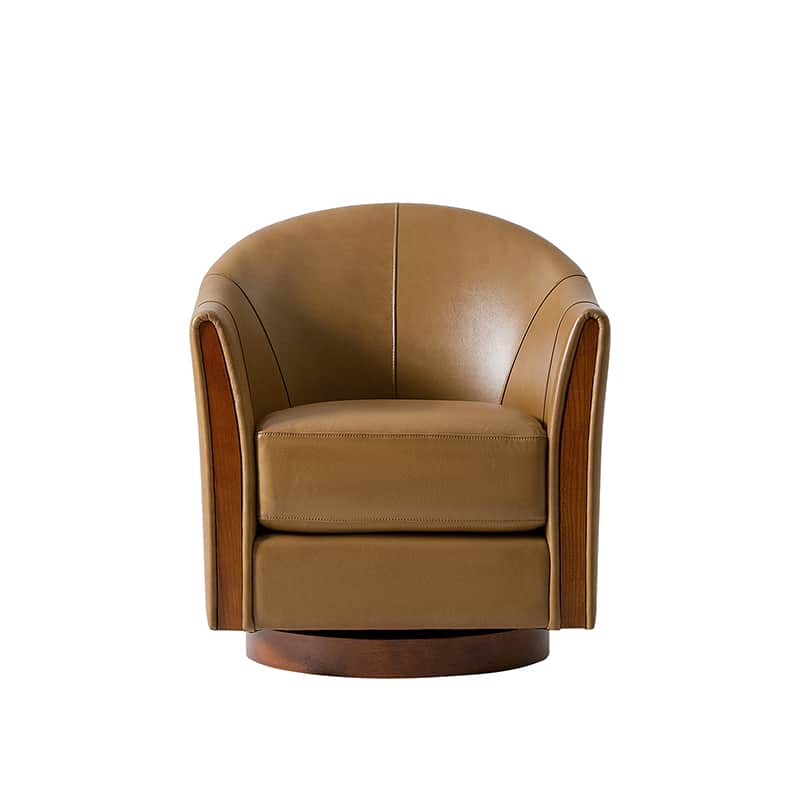 Clara Genuine Leather Swivel Barrel Chair with Solid Wood Base - Stylish Home Office & Living Room Accent Chair for Comfortable Seating