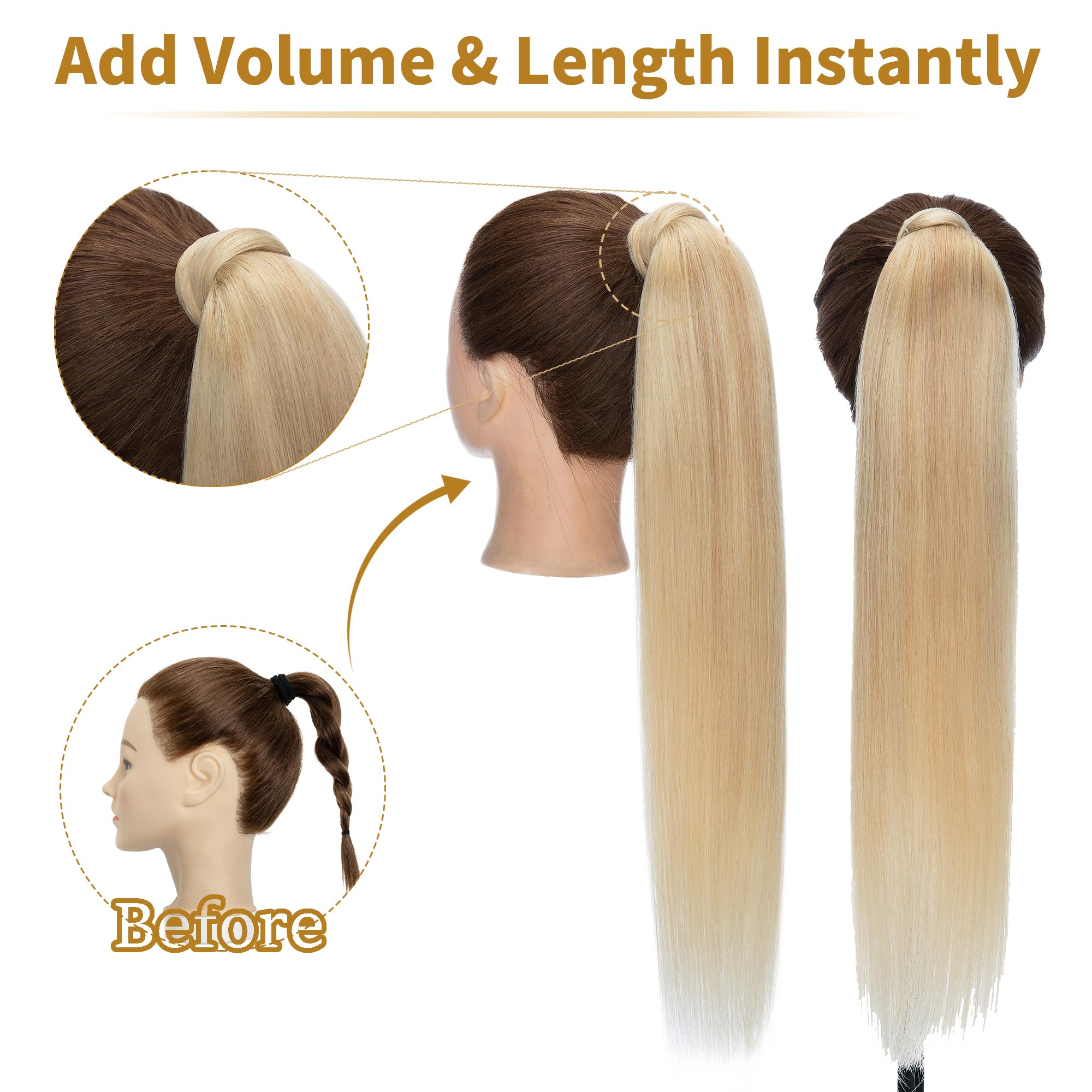 SEGO 20 Inch Clip-In Ponytail Extension - 100% Real Human Hair, Long Straight Wrap Around Ponytail with Magic Paste (Ash Blonde & Bleach Blonde) - Perfect for Daily Wear, Parties, Weddings & Special Occasions