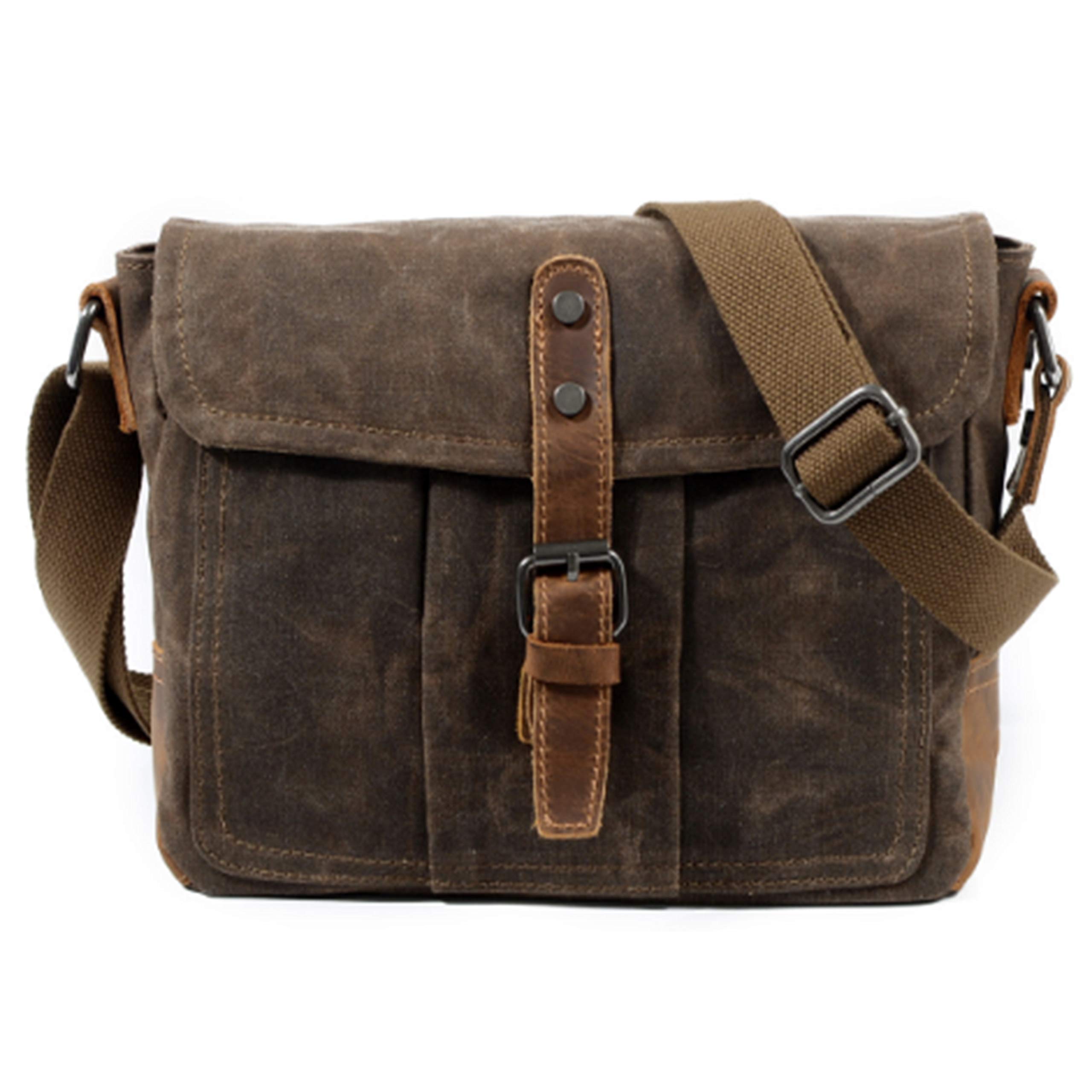 Men's Vintage Waxed Canvas Leather Messenger Bag - 10 Inch Waterproof Crossbody Shoulder Bag for Work, Travel & Everyday Use