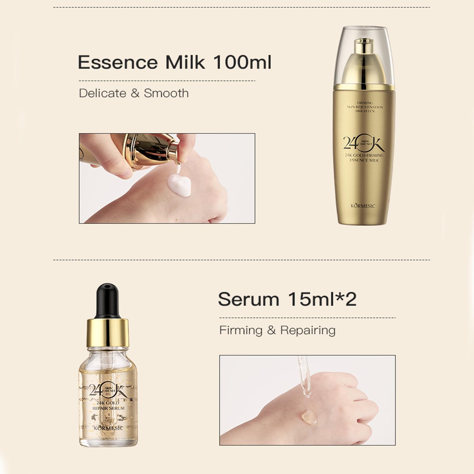 24K Gold Anti-Aging Skincare Set - 6 Piece Luxury Facial Care Kit with Cleanser, Serum (2pcs), Eye Cream, Essence Milk & Toner for Women | Hydrating, Brightening & Wrinkle Reduction | Perfect for Daily Routine & Gift Giving