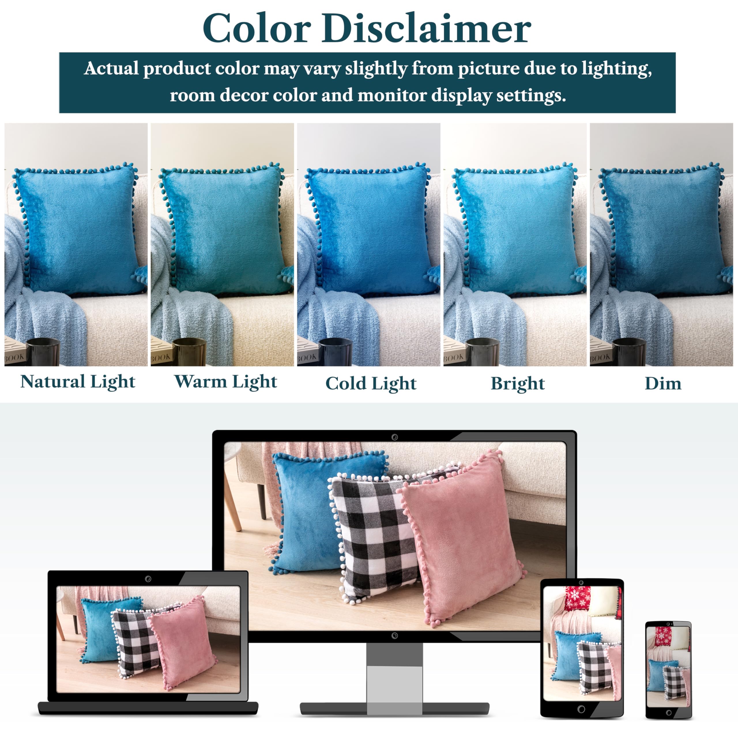 PAVILIA Teal Blue Velvet Throw Pillow Covers 18x18 Inches Set of 2 - Soft Plush Pom Pom Decorative Cushion Covers for Sofa, Couch & Bed - Luxury Home Decor for Living Room, Bedroom & Dorm Aesthetic