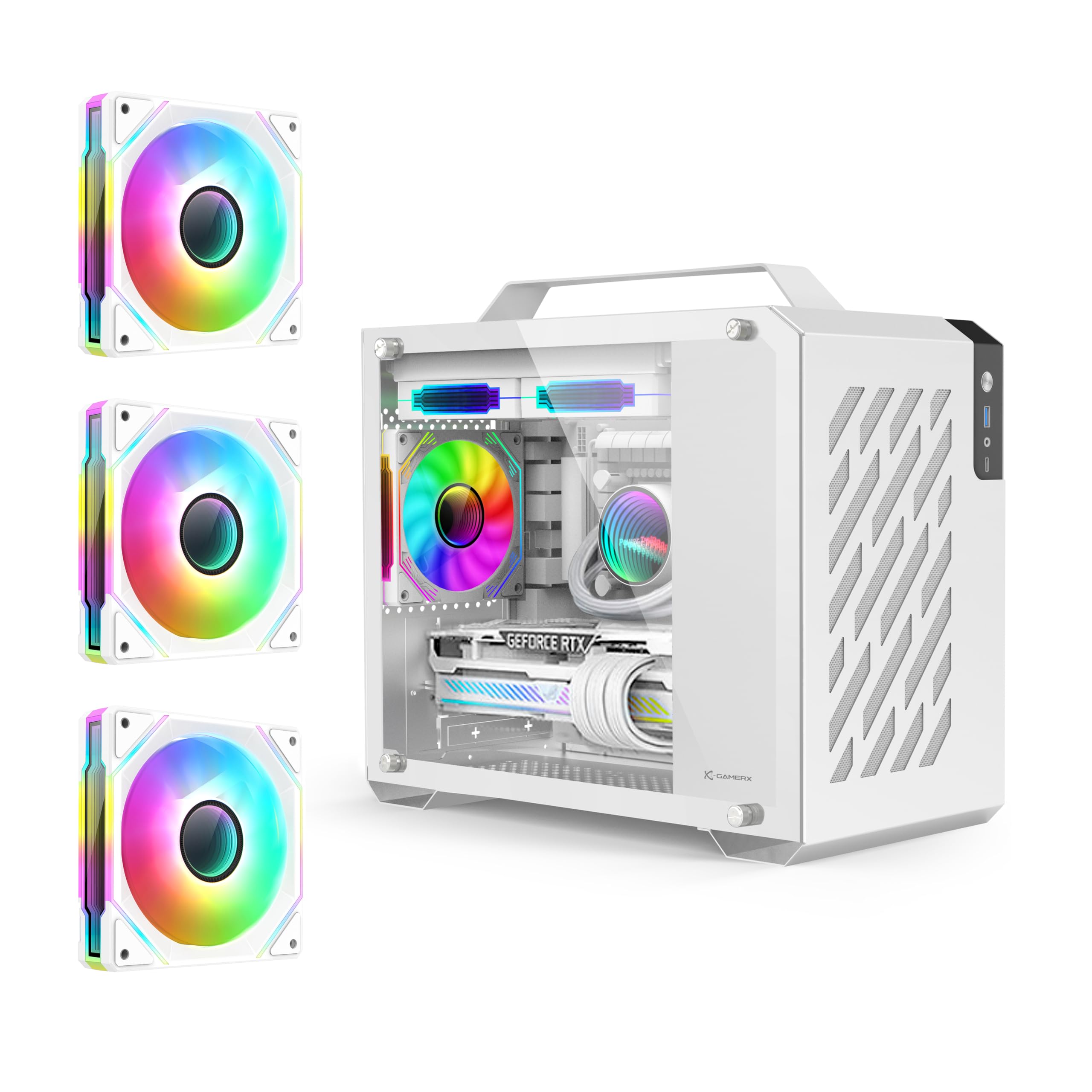 White Micro-ATX PC Case with Detachable Handle - Preinstalled 3x120mm Fans, Mini Tower Computer Chassis with Cable Management - Compatible with 240mm AIO & Small ITX Desktops | Perfect for Compact Gaming Rigs, Home Office Setups & Space-Saving Workstations