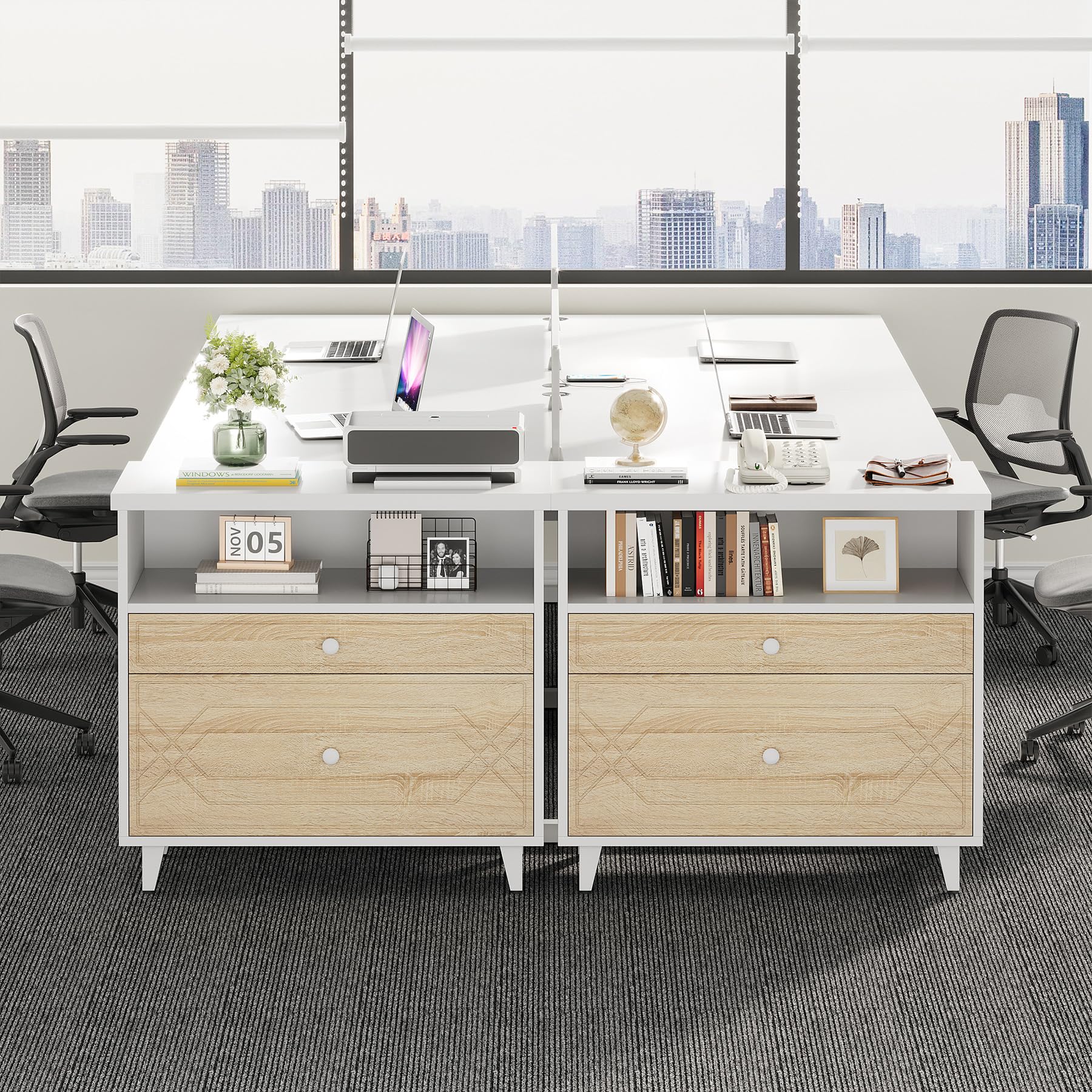 2-Drawer Lateral File Cabinet with Shelf - Modern Industrial Office Storage for A4/Letter/Legal Size Documents - White & Light Brown Home Office Cabinet | Perfect as Printer Stand & Document Organizer for Workspaces