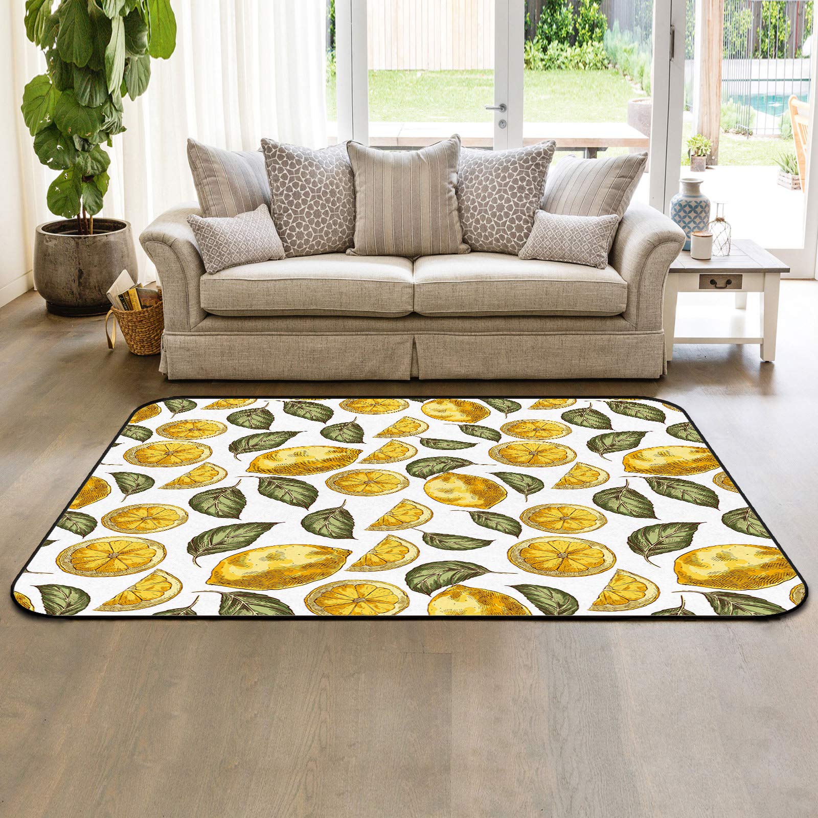 3' x 5' Modern Large Area Rugs - Soft Nursery Carpet for Kids Room, Summer Lemon Fruit Pattern Indoor/Outdoor Rug - Perfect for Living Room, Bedroom, Playroom - Retro Green Leaf Design - Durable & Easy to Clean Floor Covering