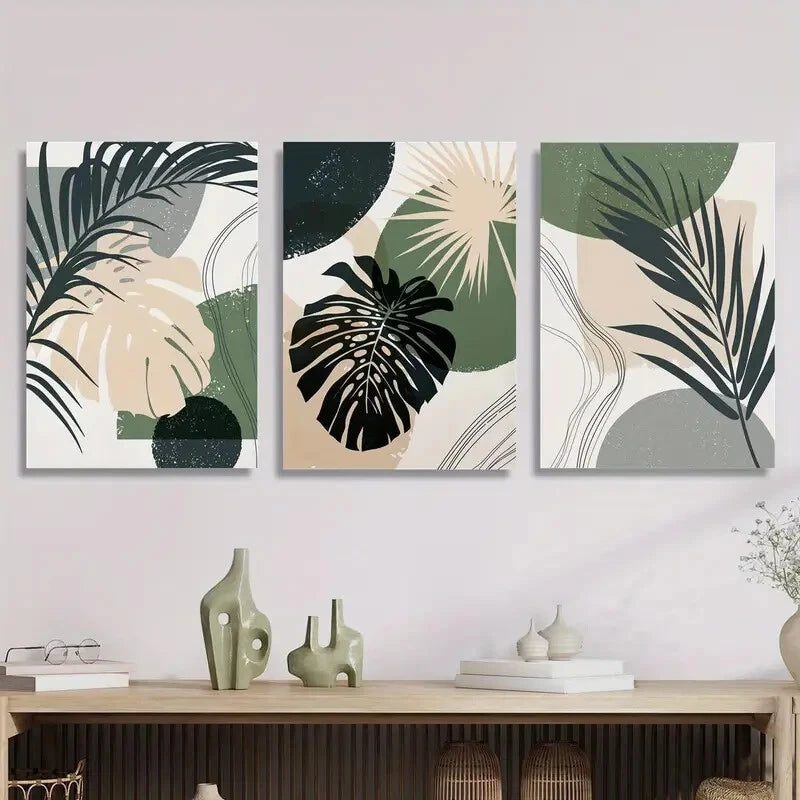 3-Piece Tropical Palm Leaves Geometric Line Metal Wall Art - Ready to Hang Modern Home Decor for Living Room, Bedroom & Office