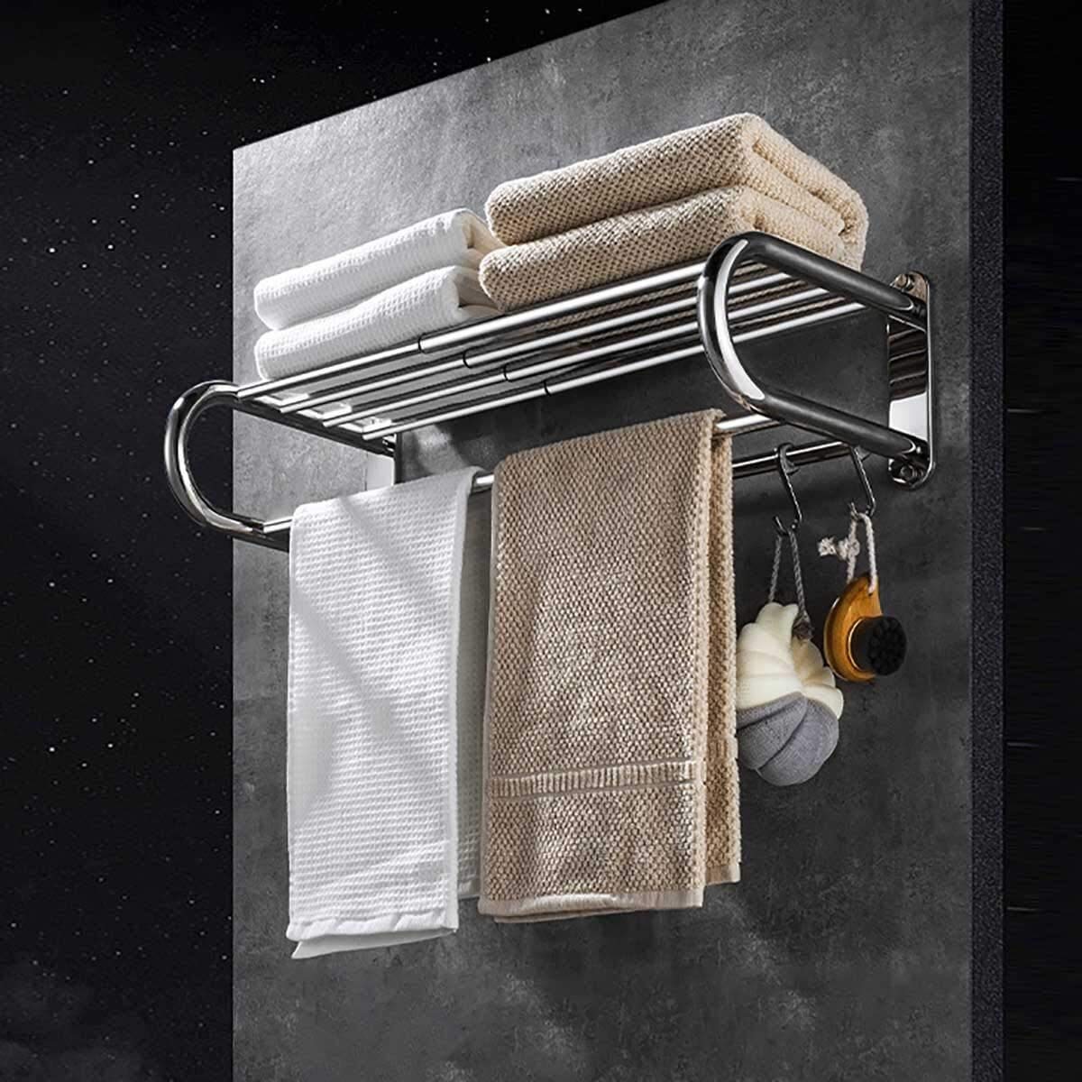Stainless Steel 2-Tier Telescopic Towel Rack with 4 Hooks - Wall Mounted Bathroom Storage Organizer for Showers, Small Bathrooms & Apartments - Space Saving Solution for Towels, Robes & Bathroom Essentials - Perfect for Modern Home Decor & Daily Use in Bath, Spa or Laundry Room