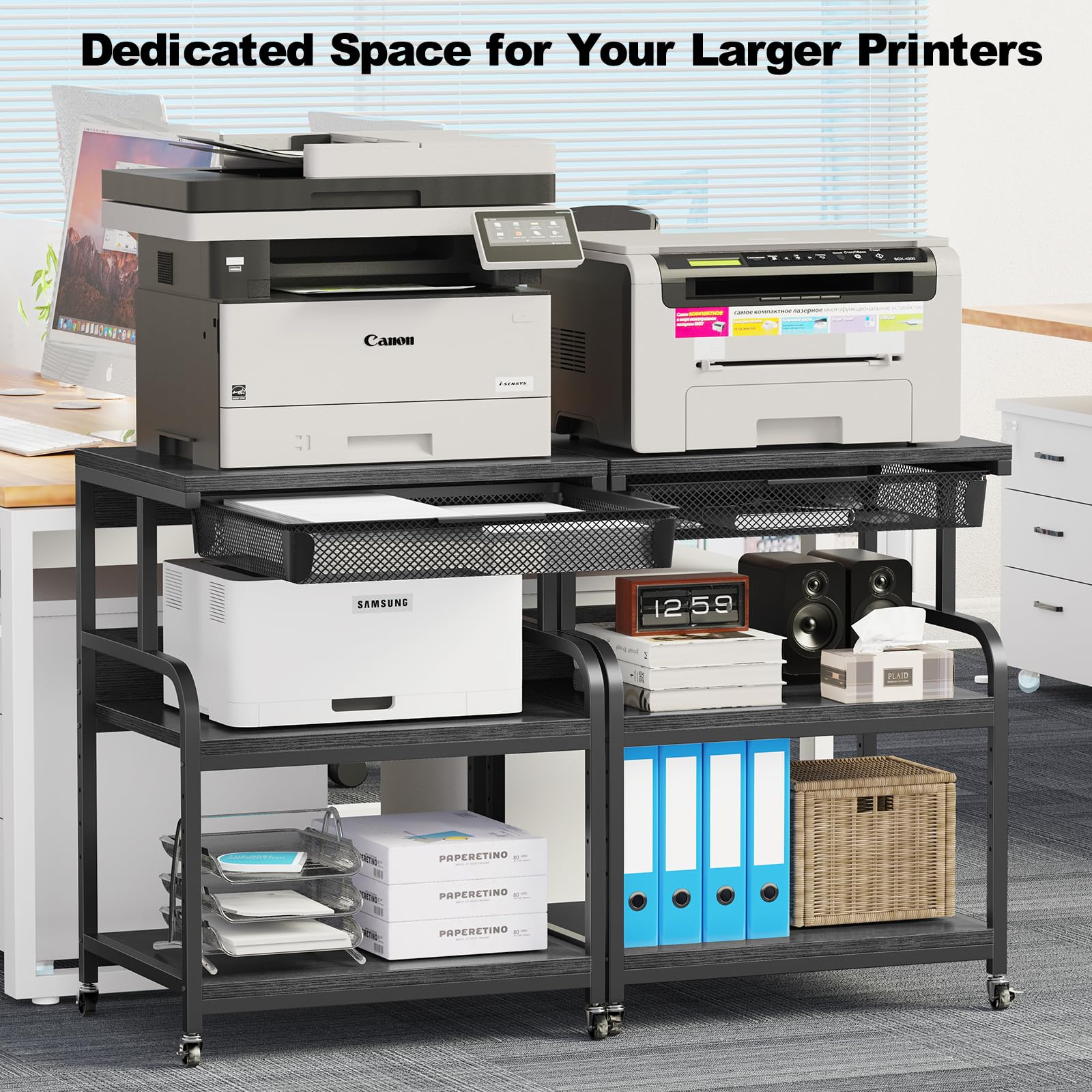 EasyCom 23.6''x18.9'' Extra Large Adjustable Printer Stand with 3-Tier Storage Drawer & Wheels - Heavy Duty Rolling Printer Cart for Home Office - Perfect for Printer, Scanner, Fax Machine Organization & Workspace Efficiency